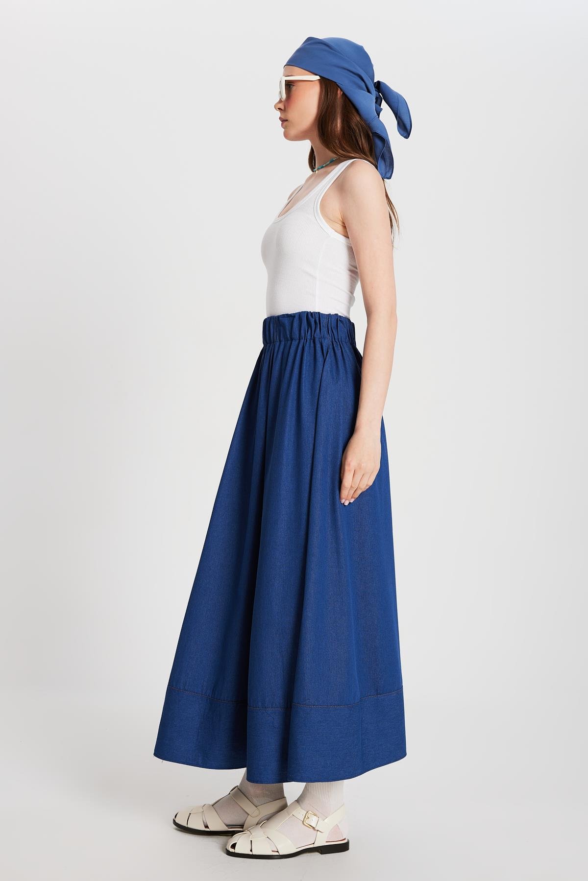 Kadın Lacivert Dikiş Detaylı Uzun Kot Etek 29167