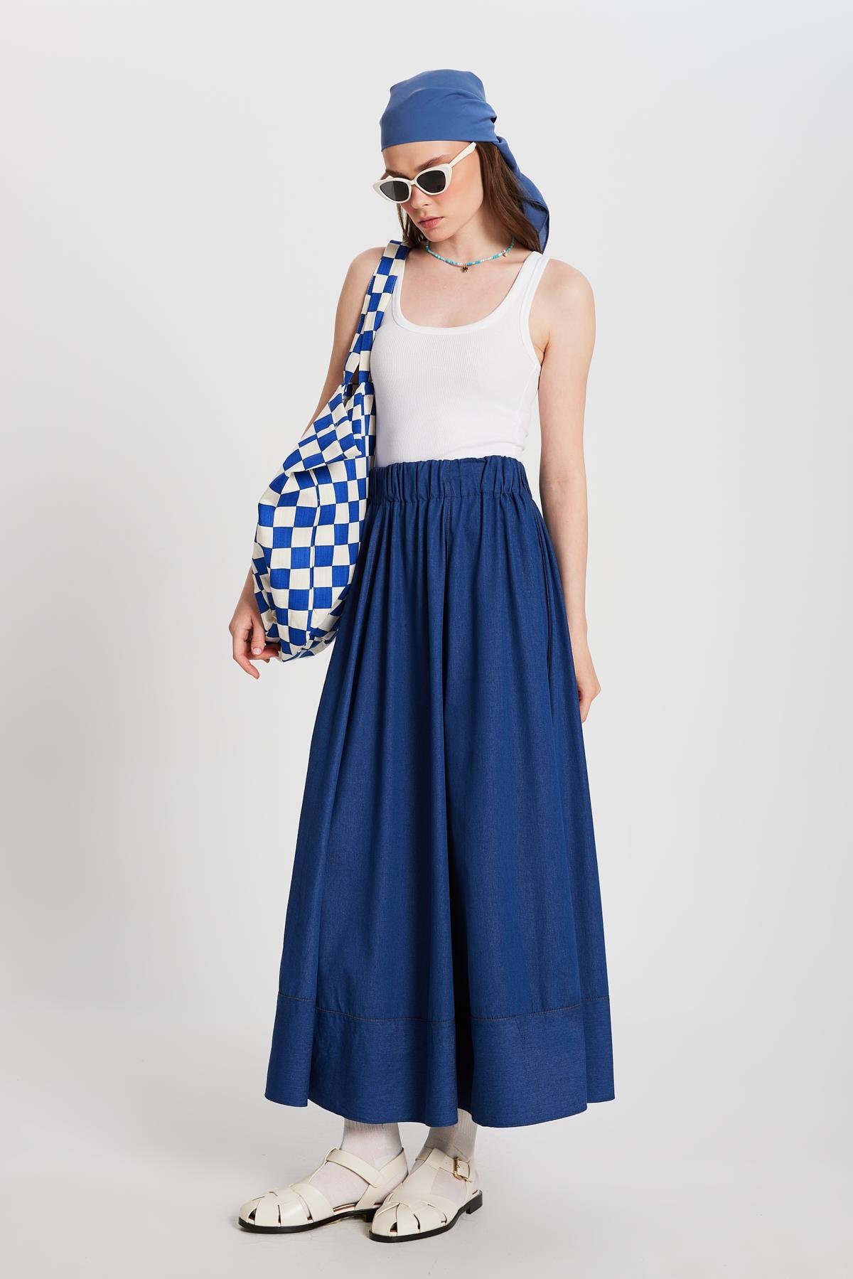 Kadın Lacivert Dikiş Detaylı Uzun Kot Etek 29167