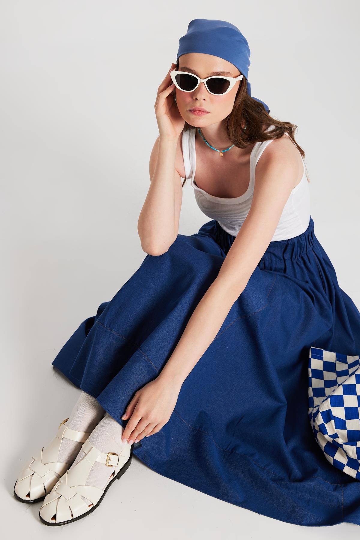 Kadın Lacivert Dikiş Detaylı Uzun Kot Etek 29167