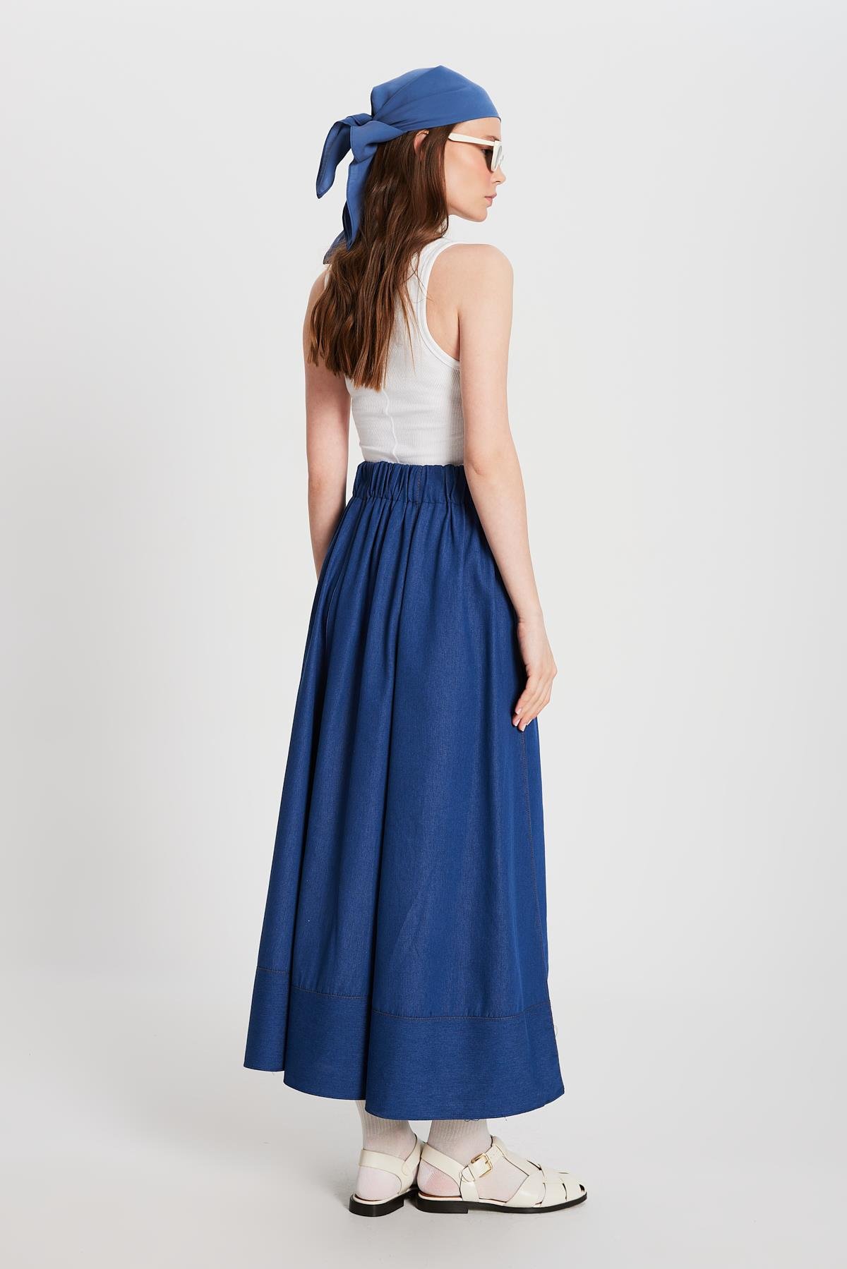 Kadın Lacivert Dikiş Detaylı Uzun Kot Etek 29167