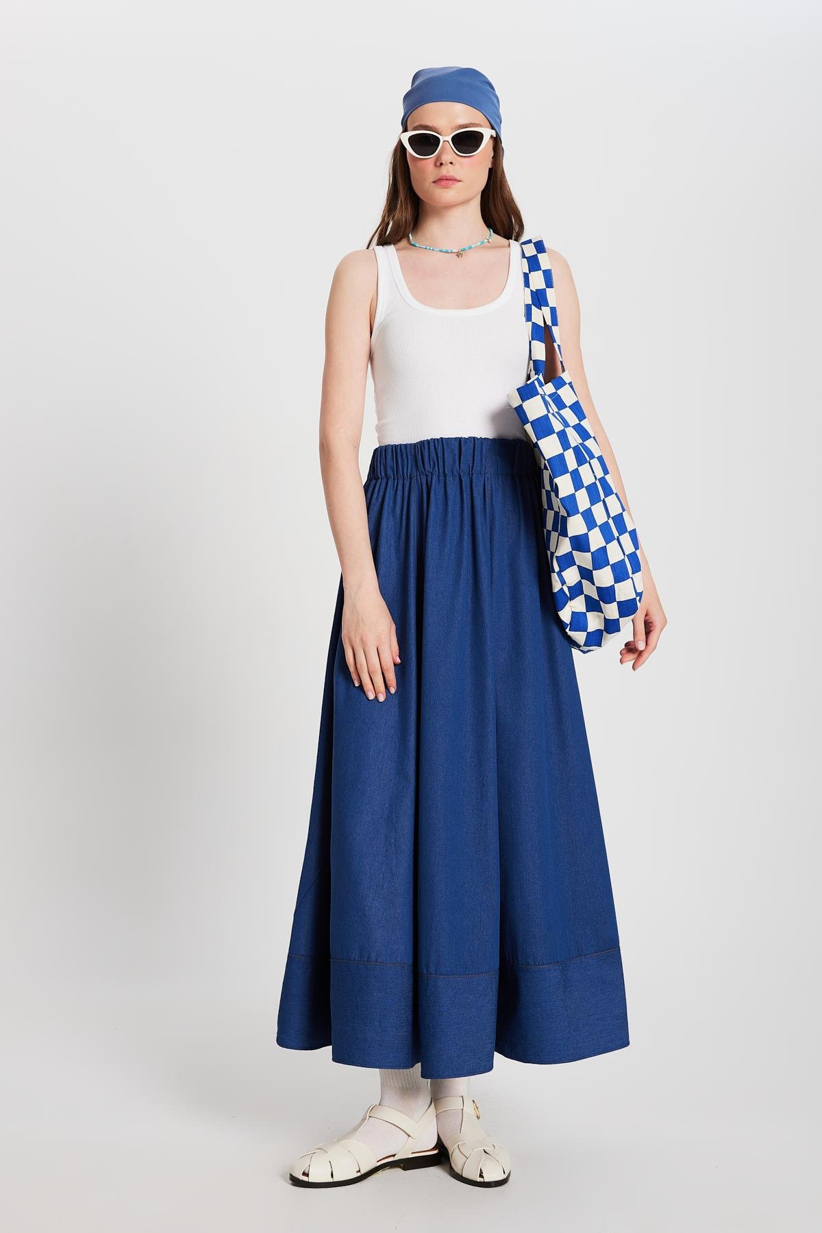 Kadın Lacivert Dikiş Detaylı Uzun Kot Etek 29167