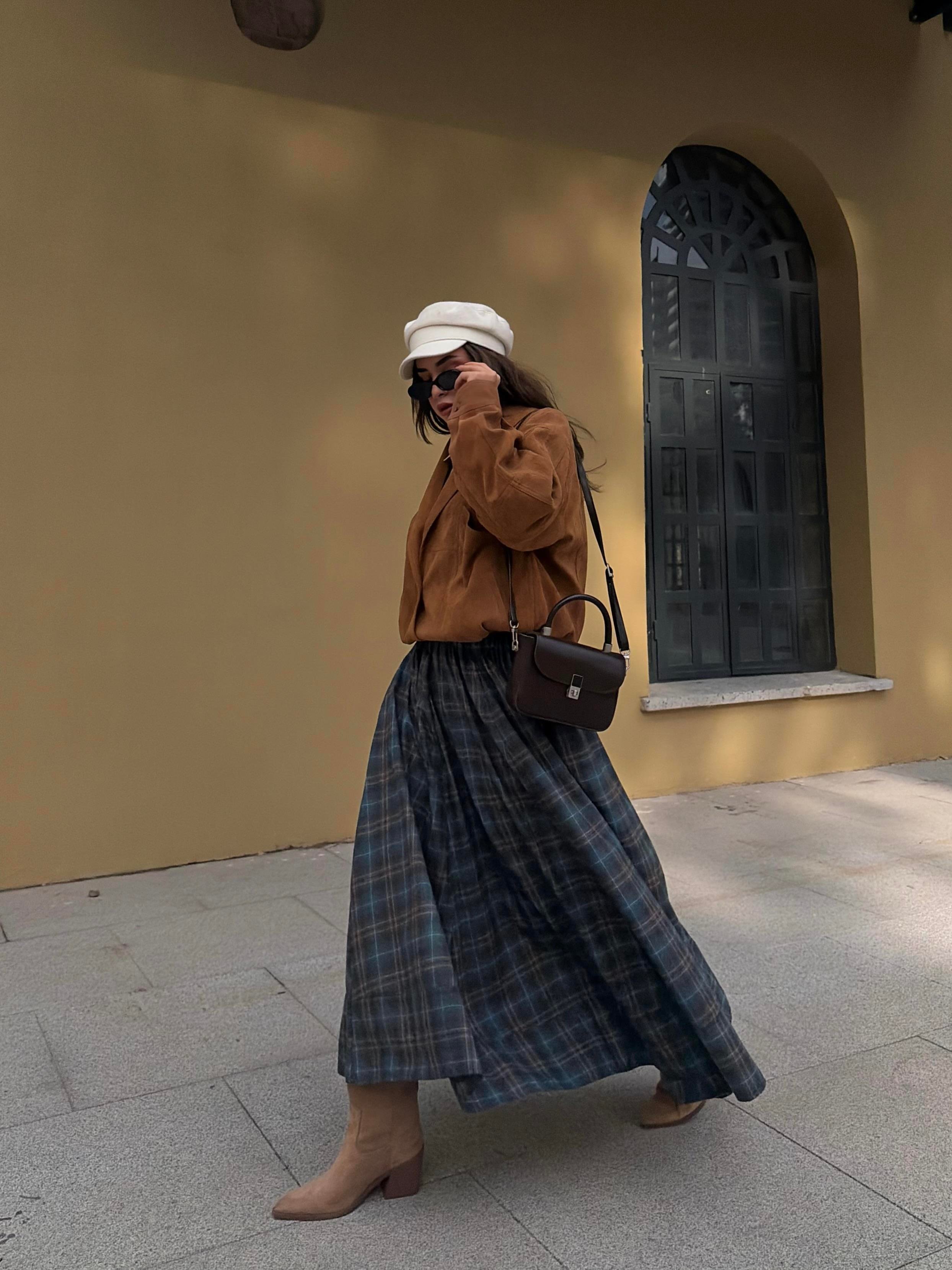 Kadın Lacivert Ekoseli Beli Lastikli Uzun Etek 31025