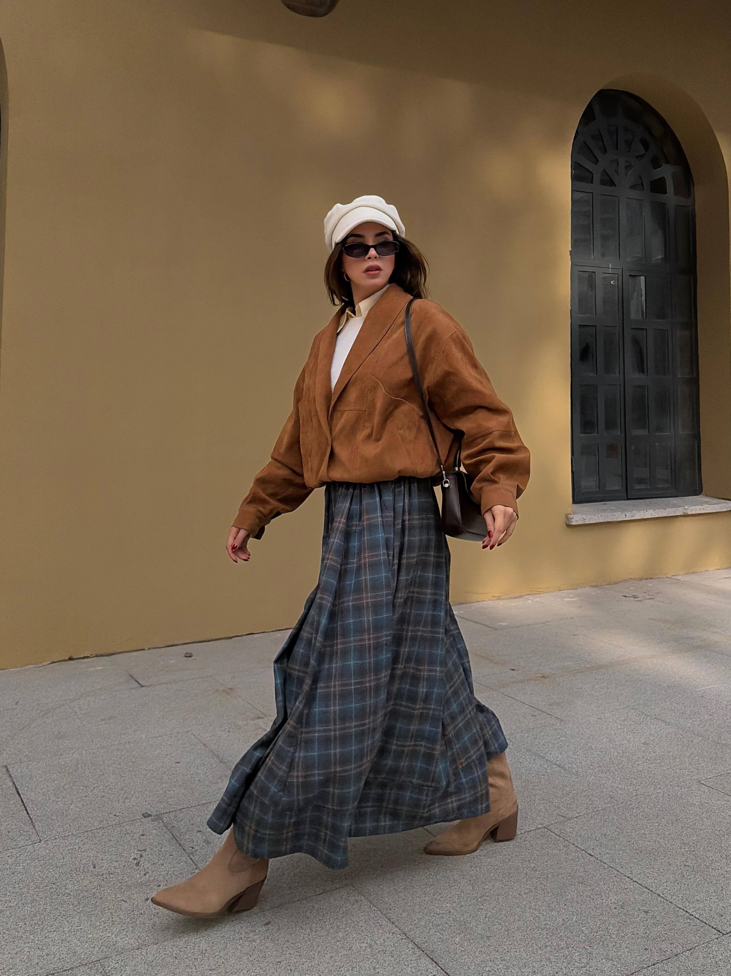 Kadın Lacivert Ekoseli Beli Lastikli Uzun Etek 31025