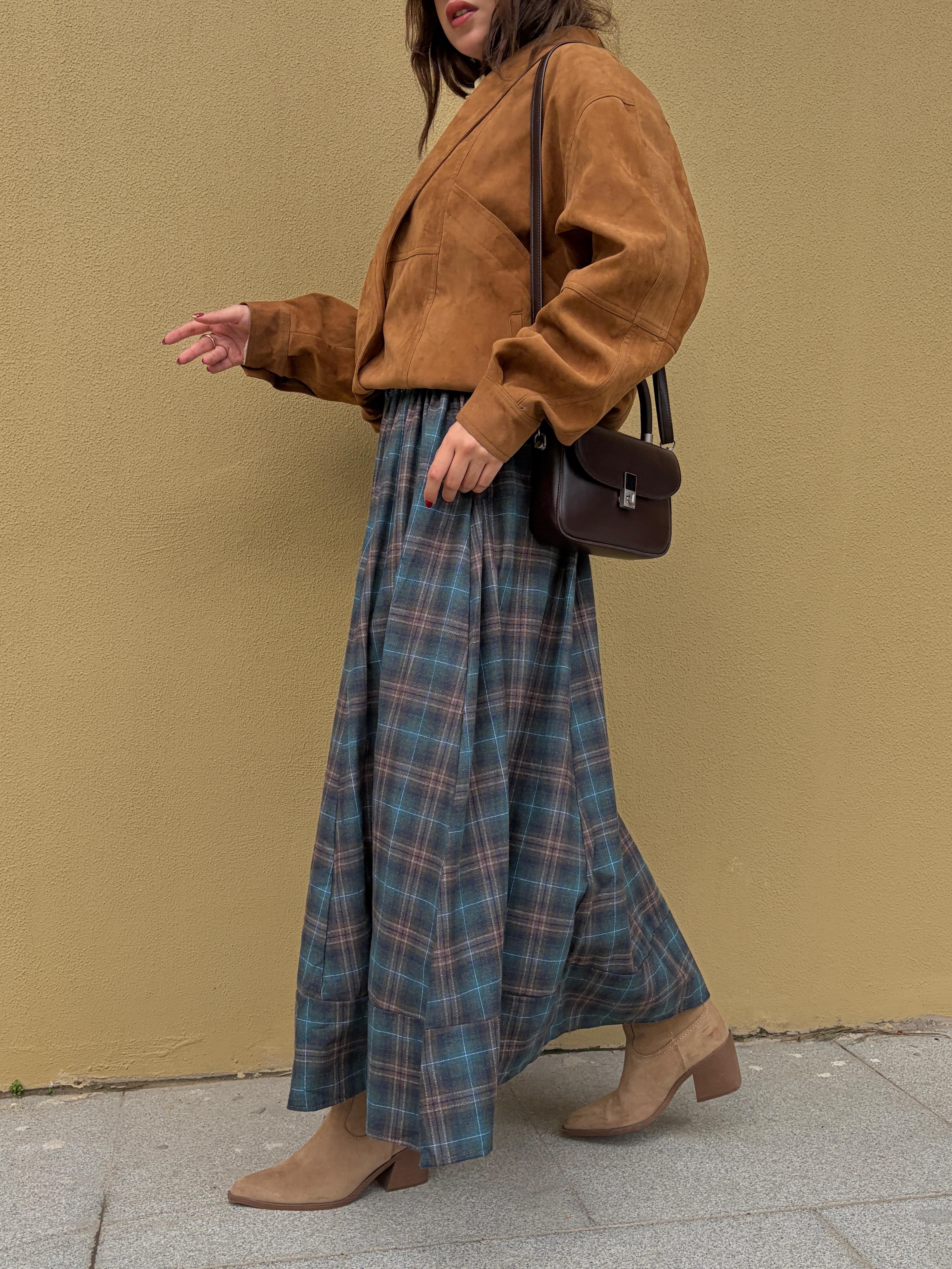 Kadın Lacivert Ekoseli Beli Lastikli Uzun Etek 31025