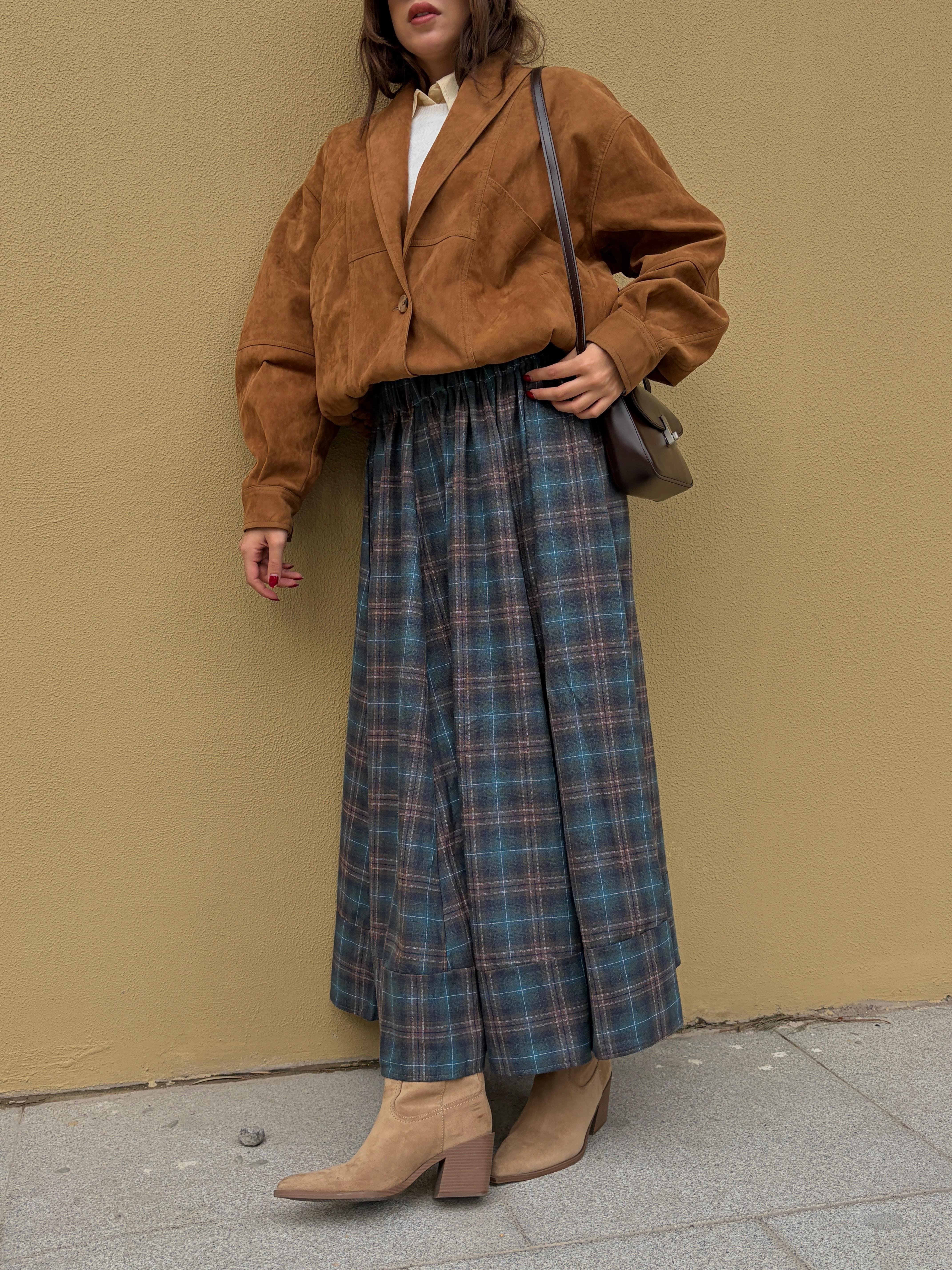 Kadın Lacivert Ekoseli Beli Lastikli Uzun Etek 31025