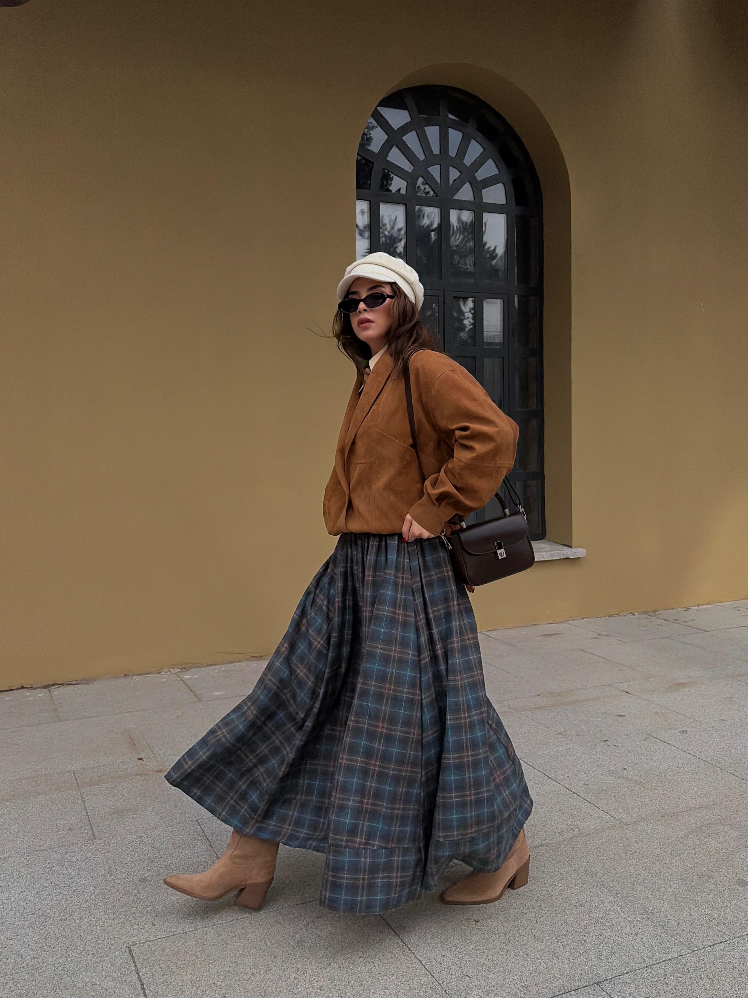 Kadın Lacivert Ekoseli Beli Lastikli Uzun Etek 31025