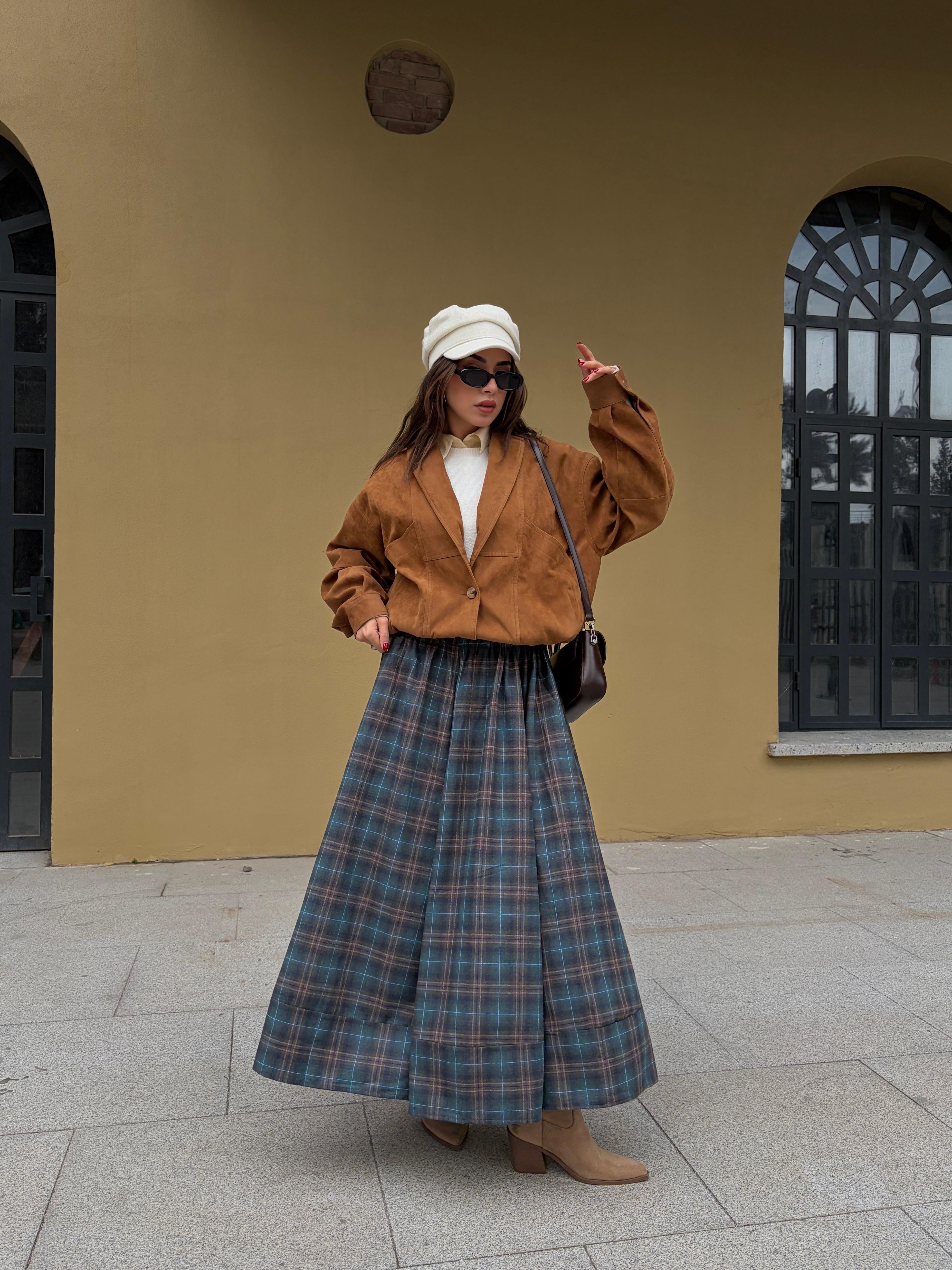 Kadın Lacivert Ekoseli Beli Lastikli Uzun Etek 31025