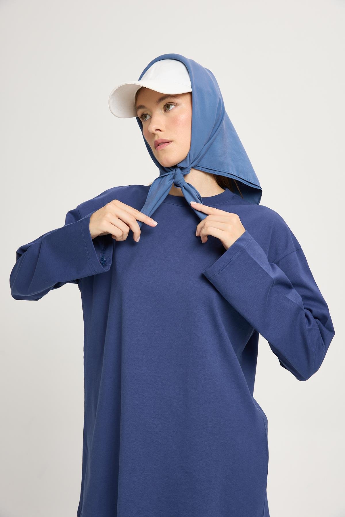 Kadın Lacivert Geniş Kol Oversize Basic T-shirt