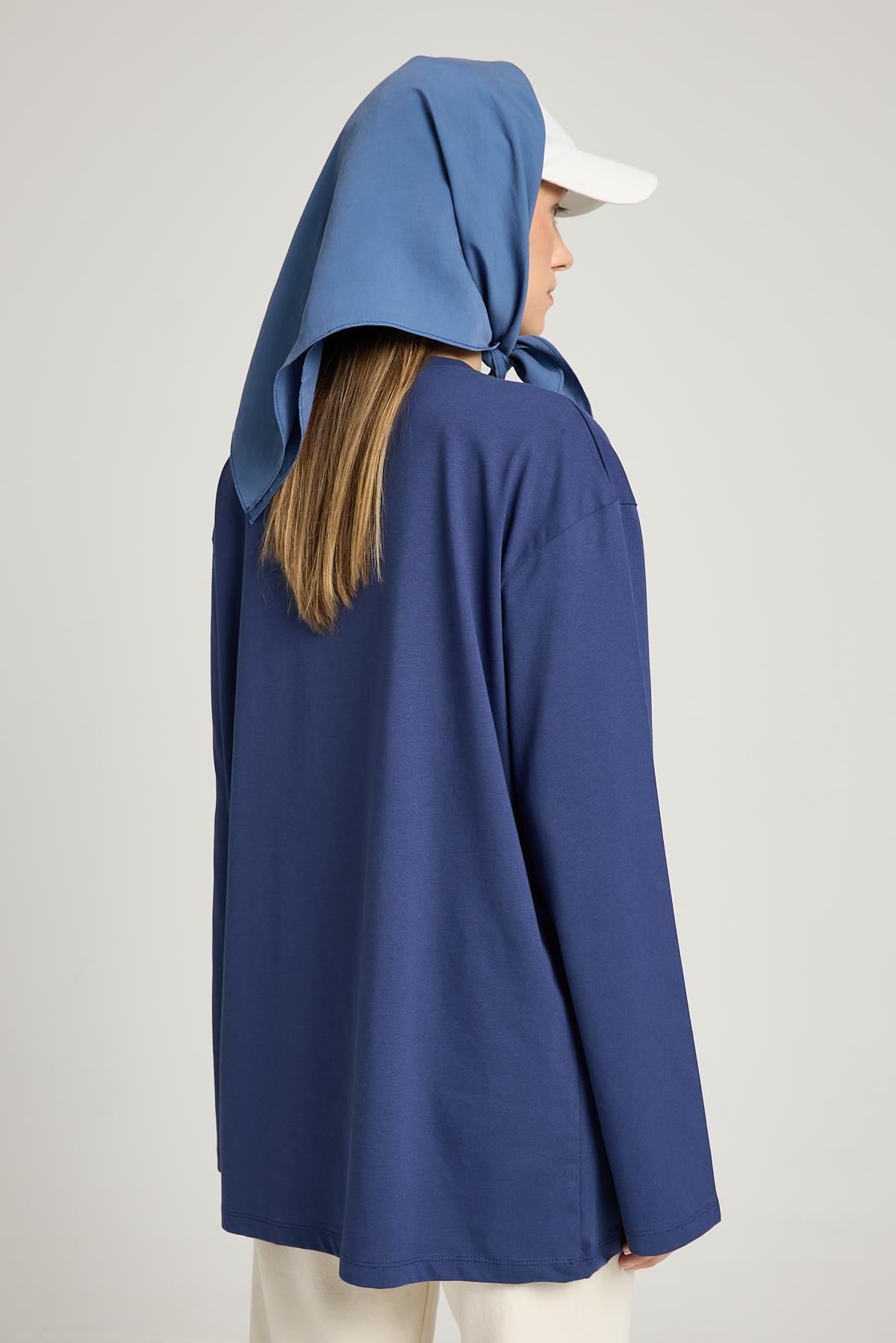 Kadın Lacivert Geniş Kol Oversize Basic T-shirt