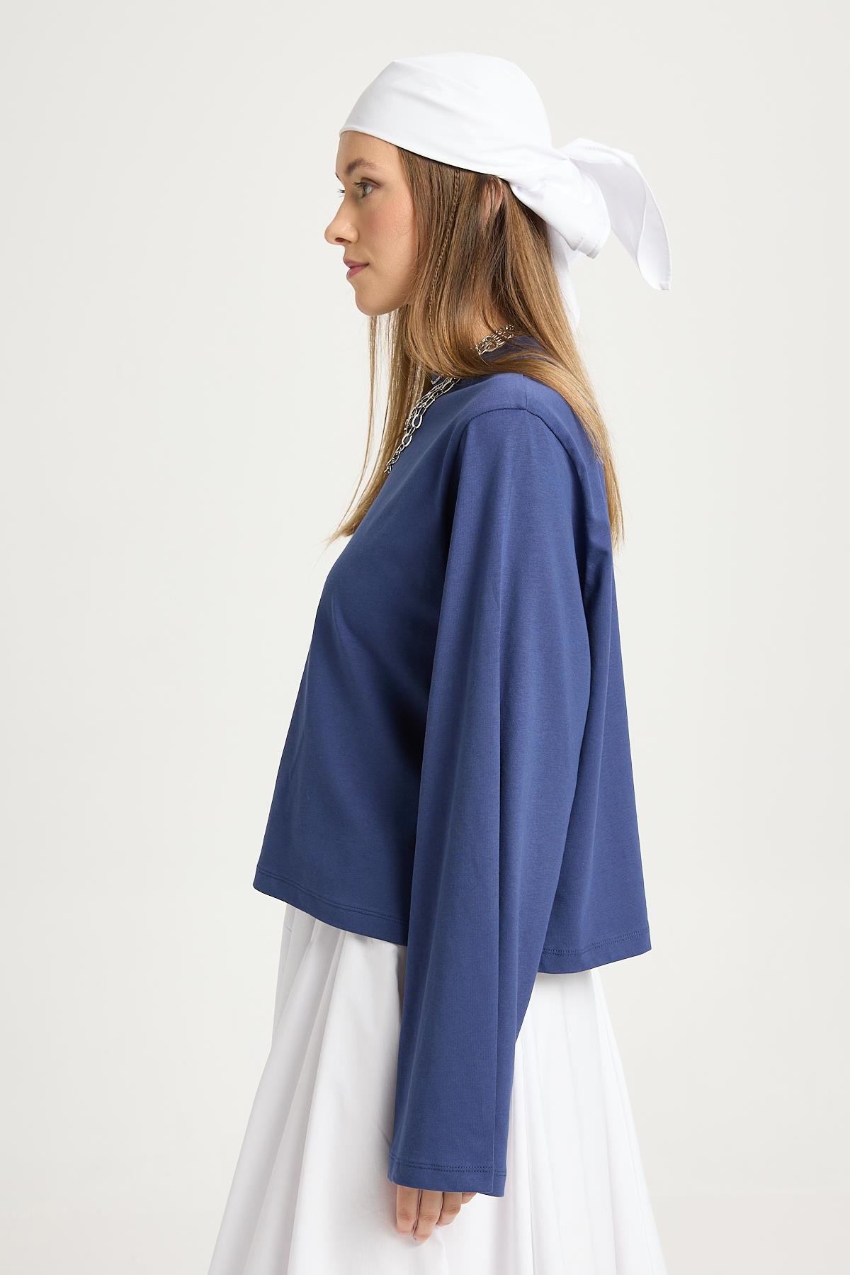 Kadın Lacivert Geniş Kol Oversize Kısa Basic T-shirt 30059