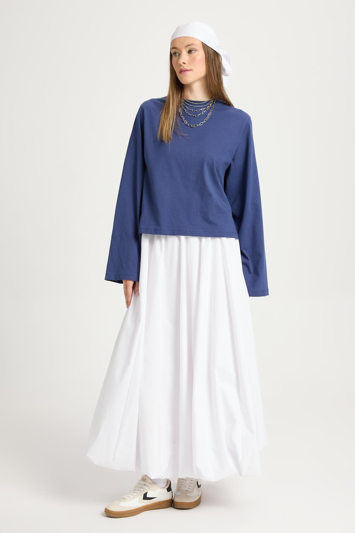 Kadın Lacivert Geniş Kol Oversize Kısa Basic T-shirt 30059