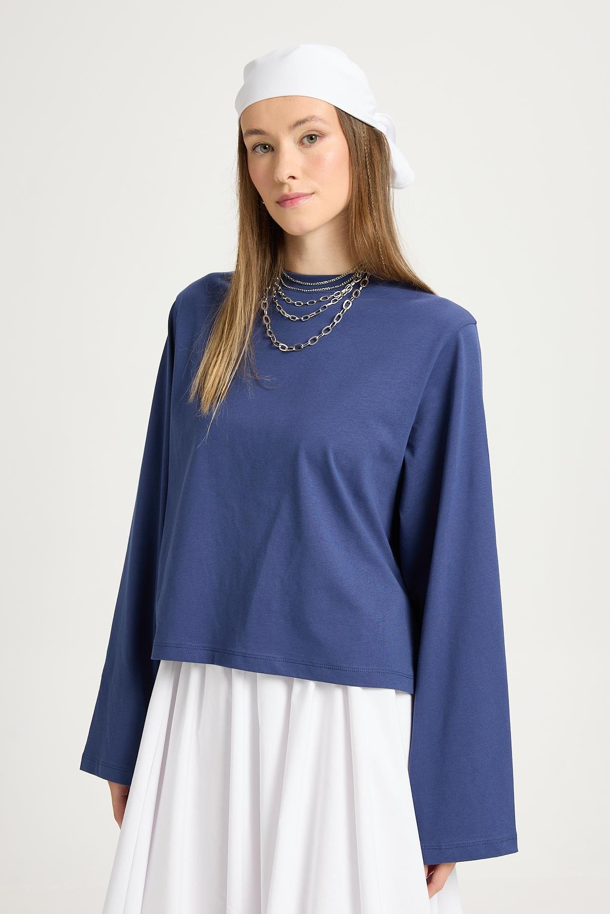 Kadın Lacivert Geniş Kol Oversize Kısa Basic T-shirt 30059