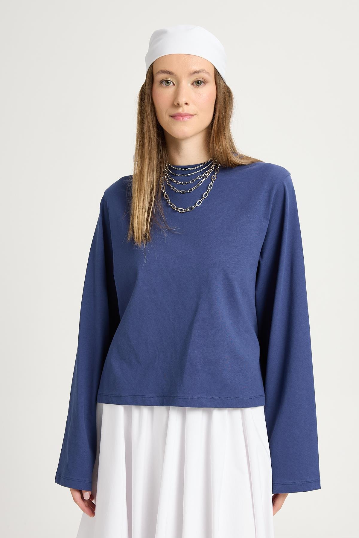 Kadın Lacivert Geniş Kol Oversize Kısa Basic T-shirt 30059