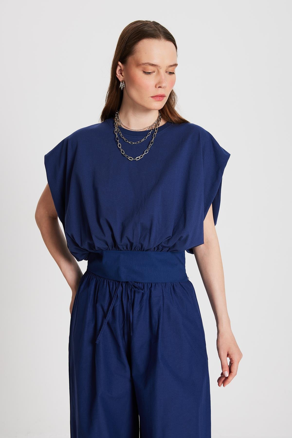 Kadın Lacivert Örme ve Dokuma Garnili Tasarım Bluz 29157