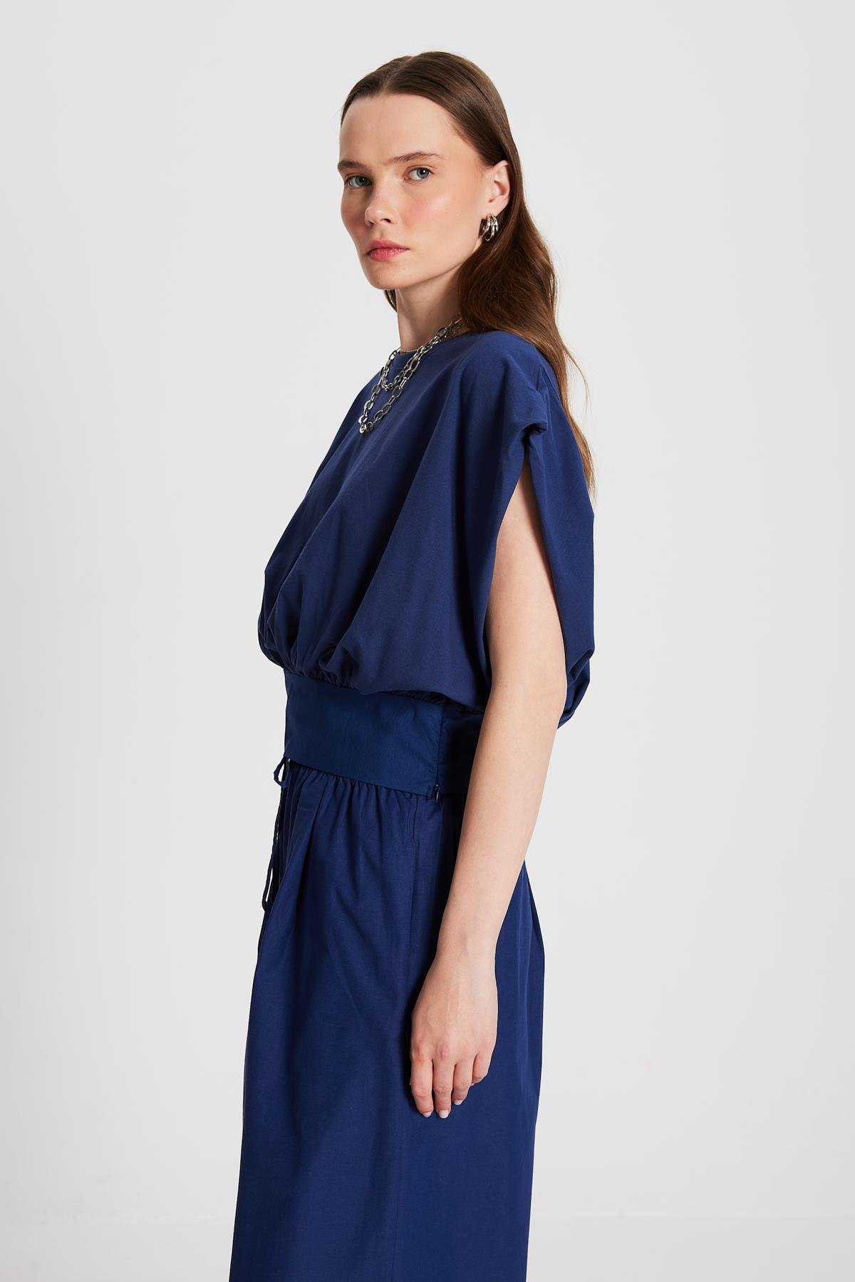 Kadın Lacivert Örme ve Dokuma Garnili Tasarım Bluz 29157