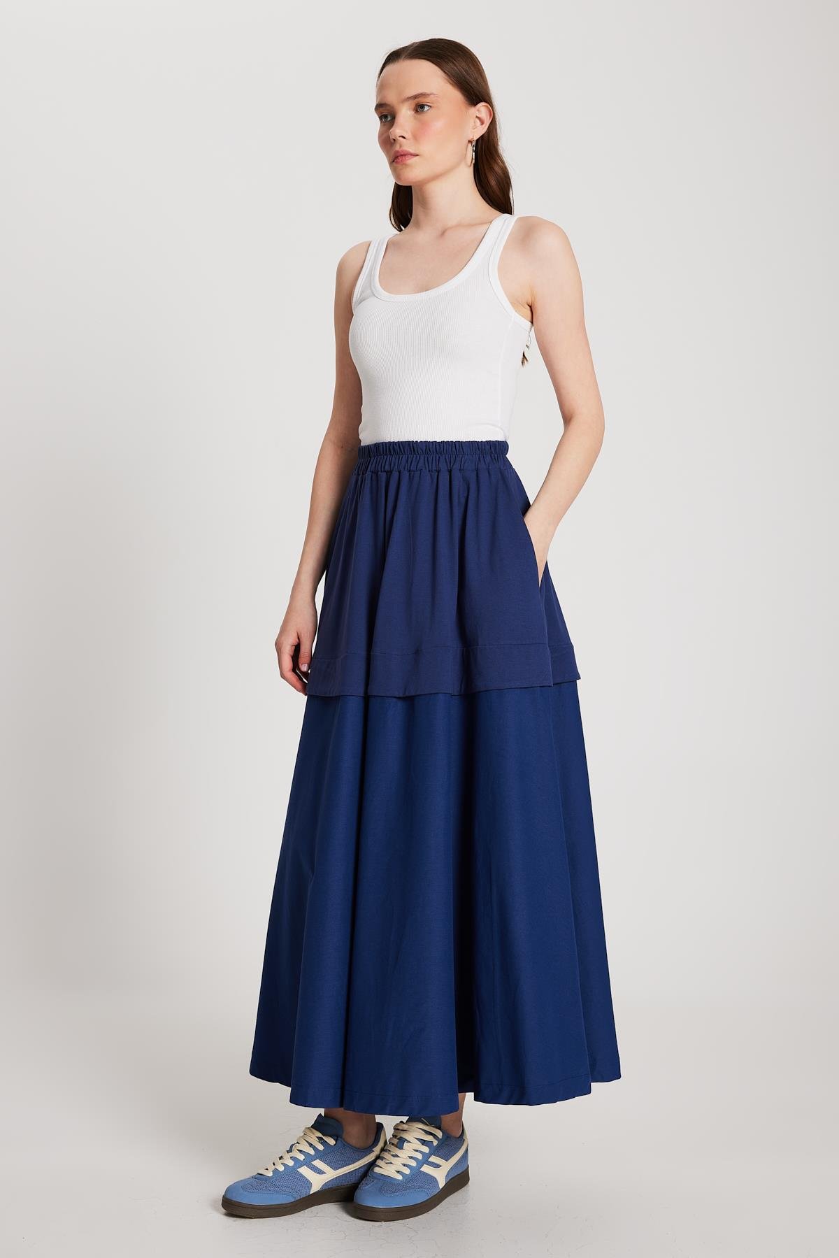 Kadın Lacivert Örme ve Dokuma Garnili Uzun Etek 29112