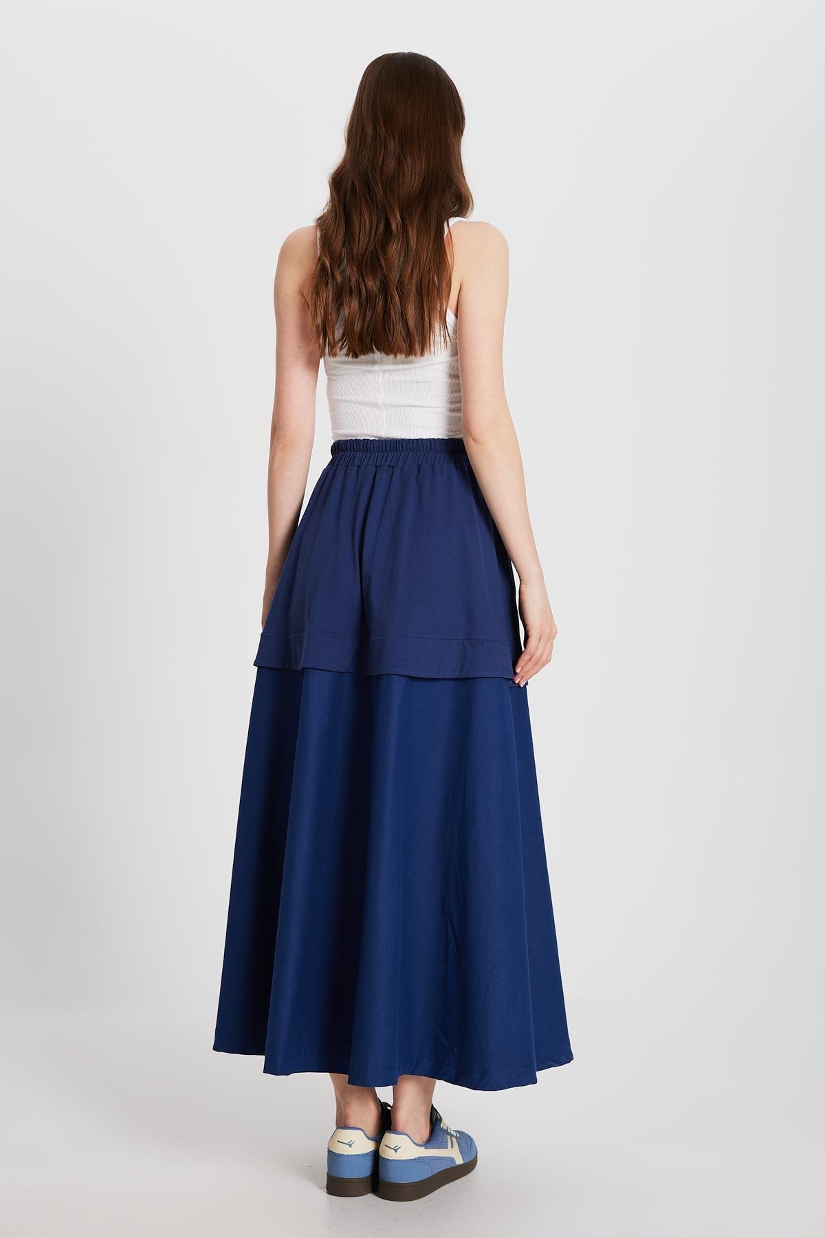 Kadın Lacivert Örme ve Dokuma Garnili Uzun Etek 29112