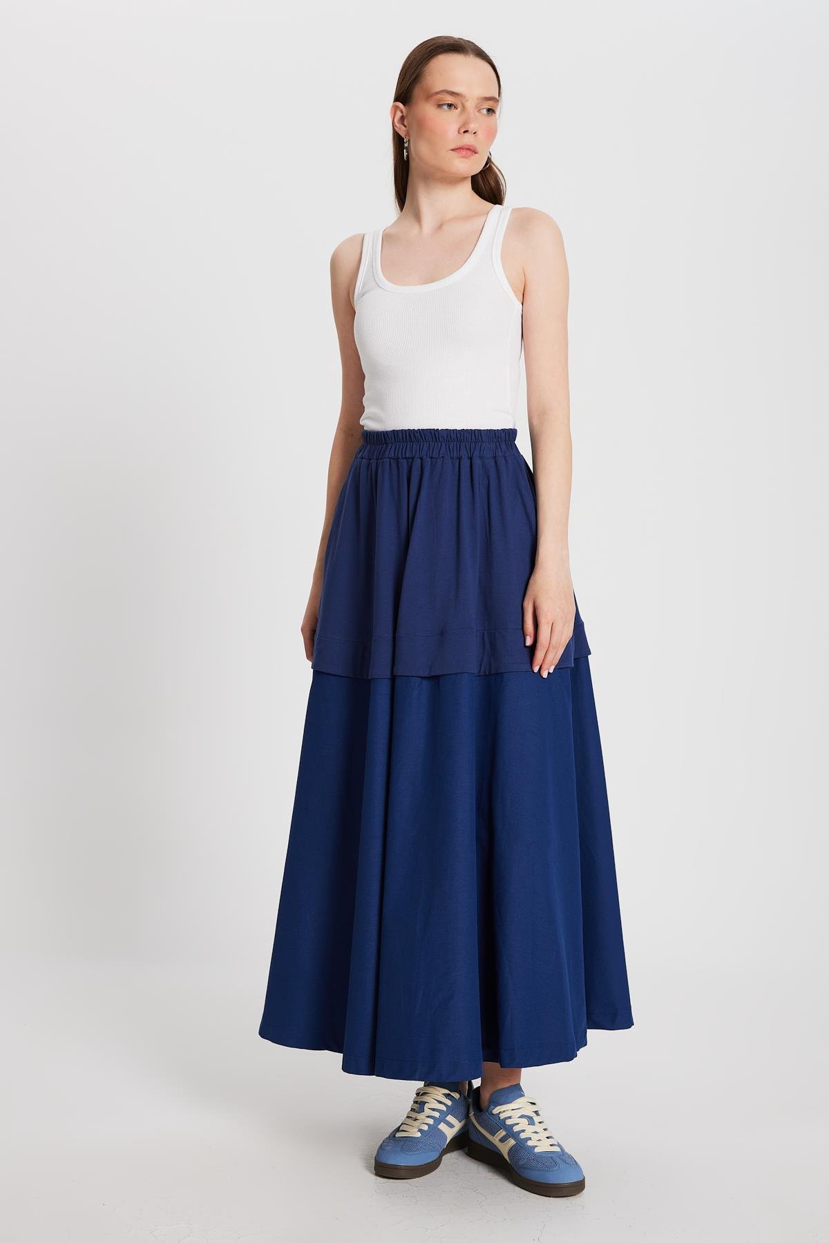 Kadın Lacivert Örme ve Dokuma Garnili Uzun Etek 29112