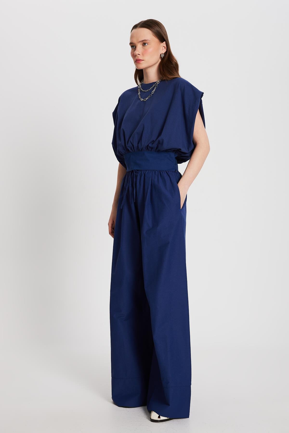 Kadın Lacivert Örme ve Dokuma Garnili Tasarım Bluz 29157