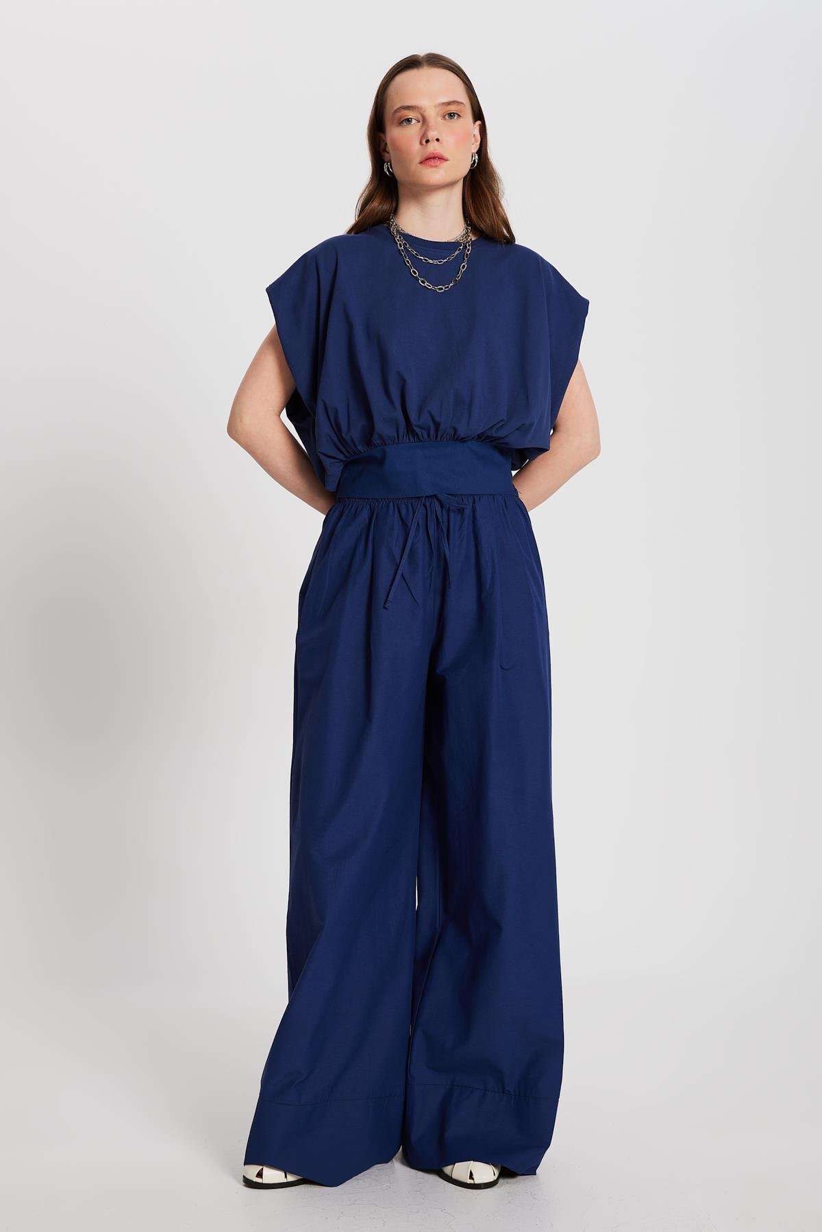 Kadın Lacivert Örme ve Dokuma Garnili Tasarım Bluz 29157