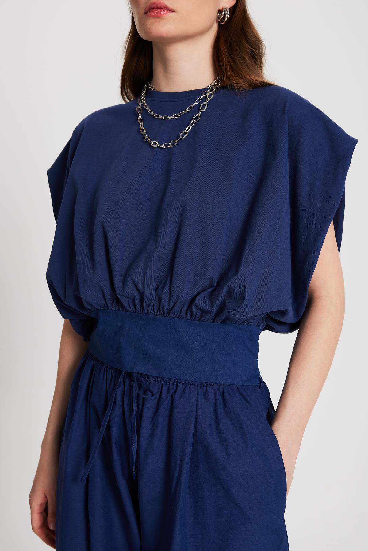 Kadın Lacivert Örme ve Dokuma Garnili Tasarım Bluz 29157