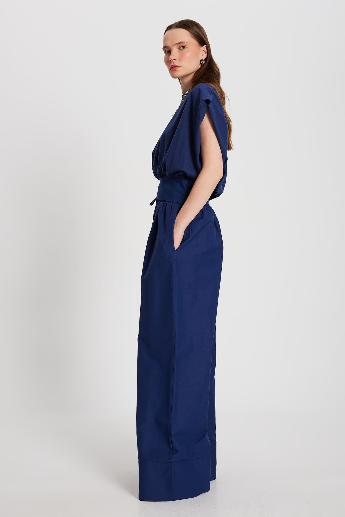 Kadın Lacivert Örme ve Dokuma Garnili Tasarım Bluz 29157