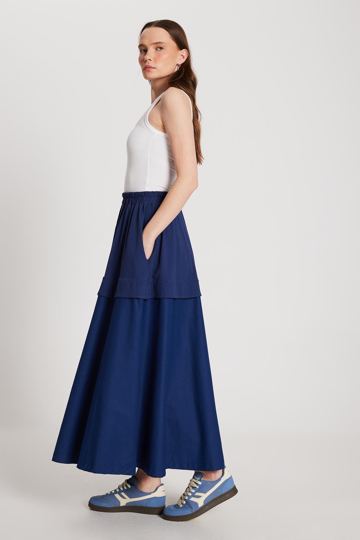 Kadın Lacivert Örme ve Dokuma Garnili Uzun Etek 29112