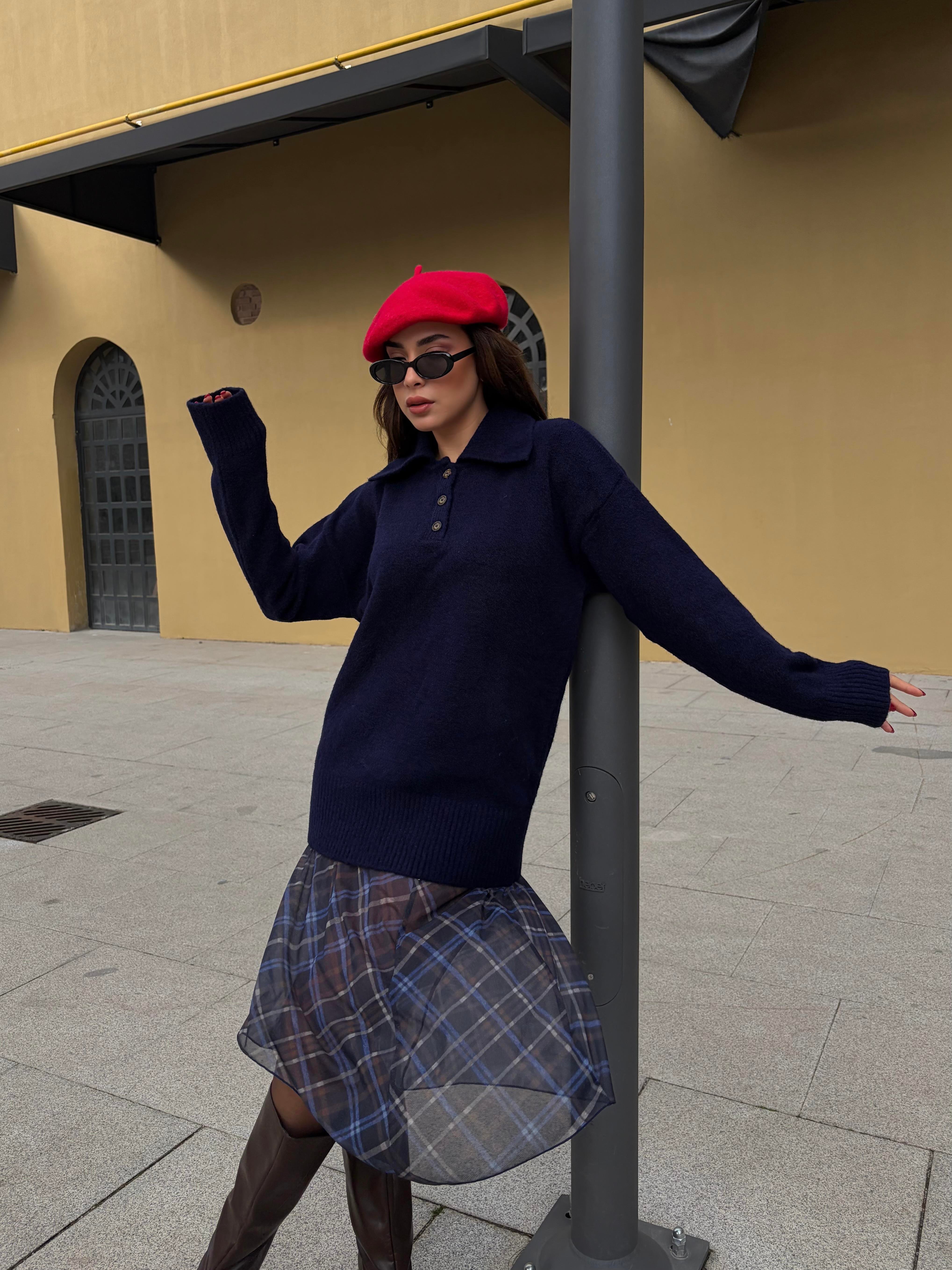 Kadın Lacivert Polo Yaka Kazak Tunik Boy 7036