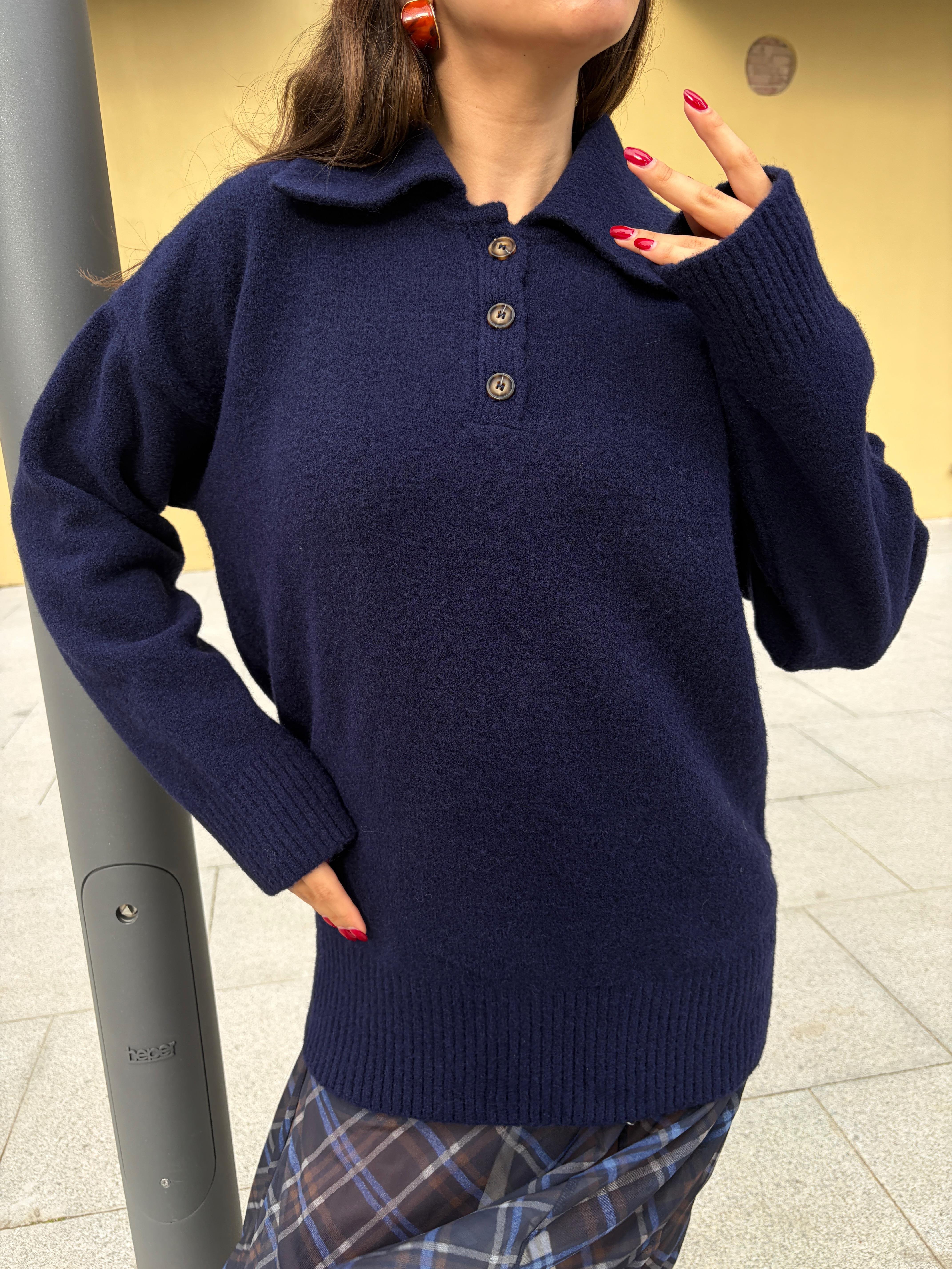 Kadın Lacivert Polo Yaka Kazak Tunik Boy 7036