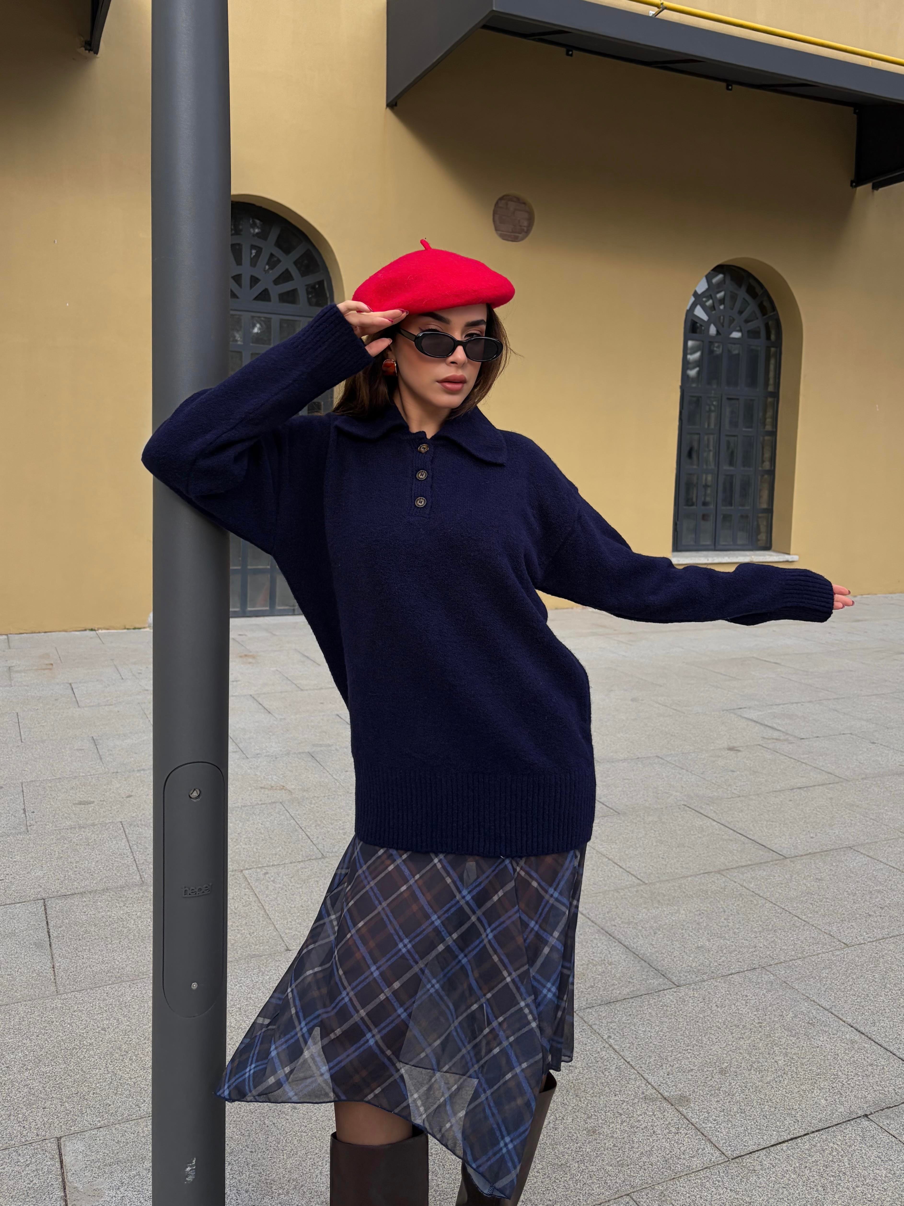 Kadın Lacivert Polo Yaka Kazak Tunik Boy 7036