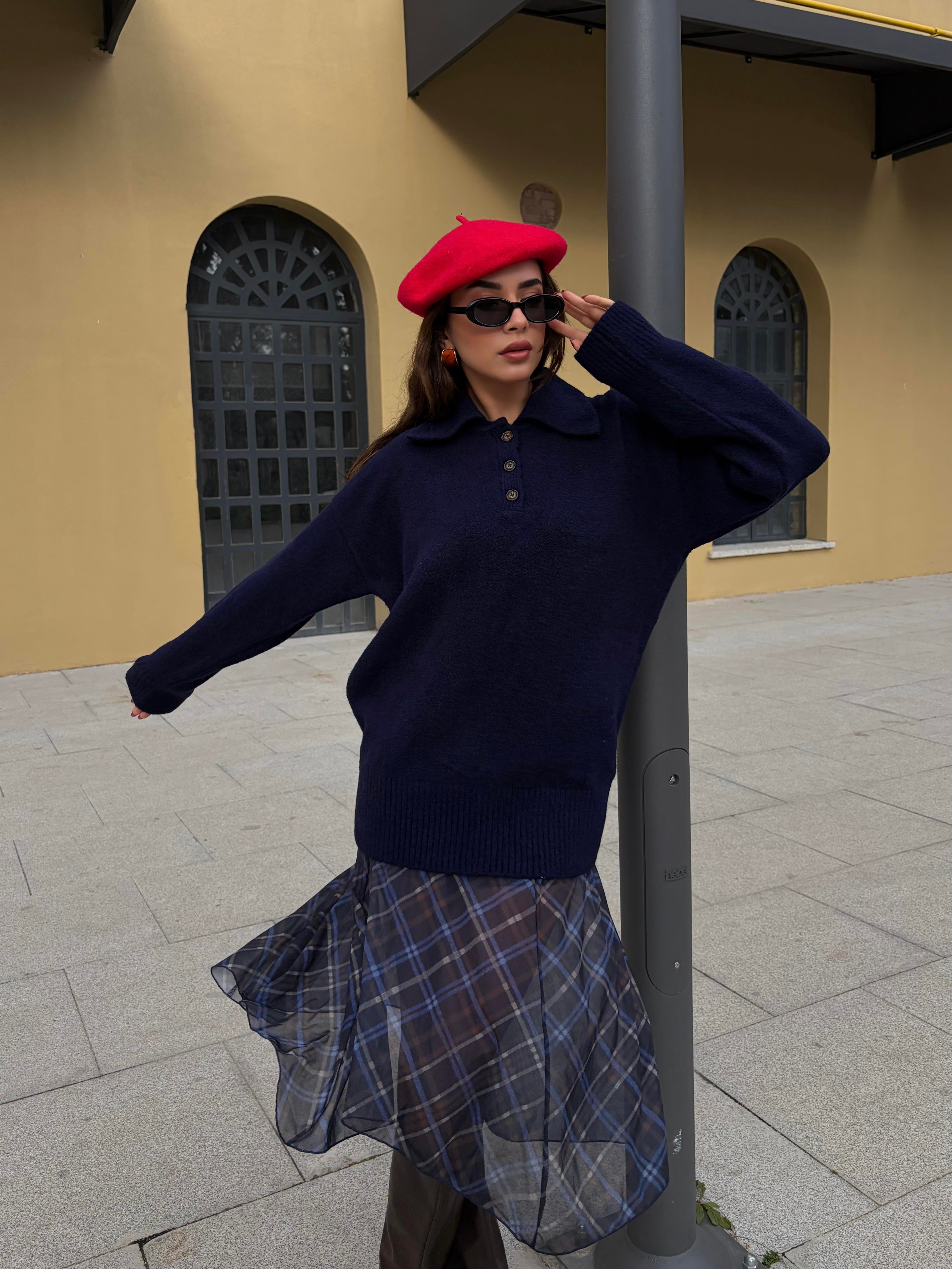 Kadın Lacivert Polo Yaka Kazak Tunik Boy 7036