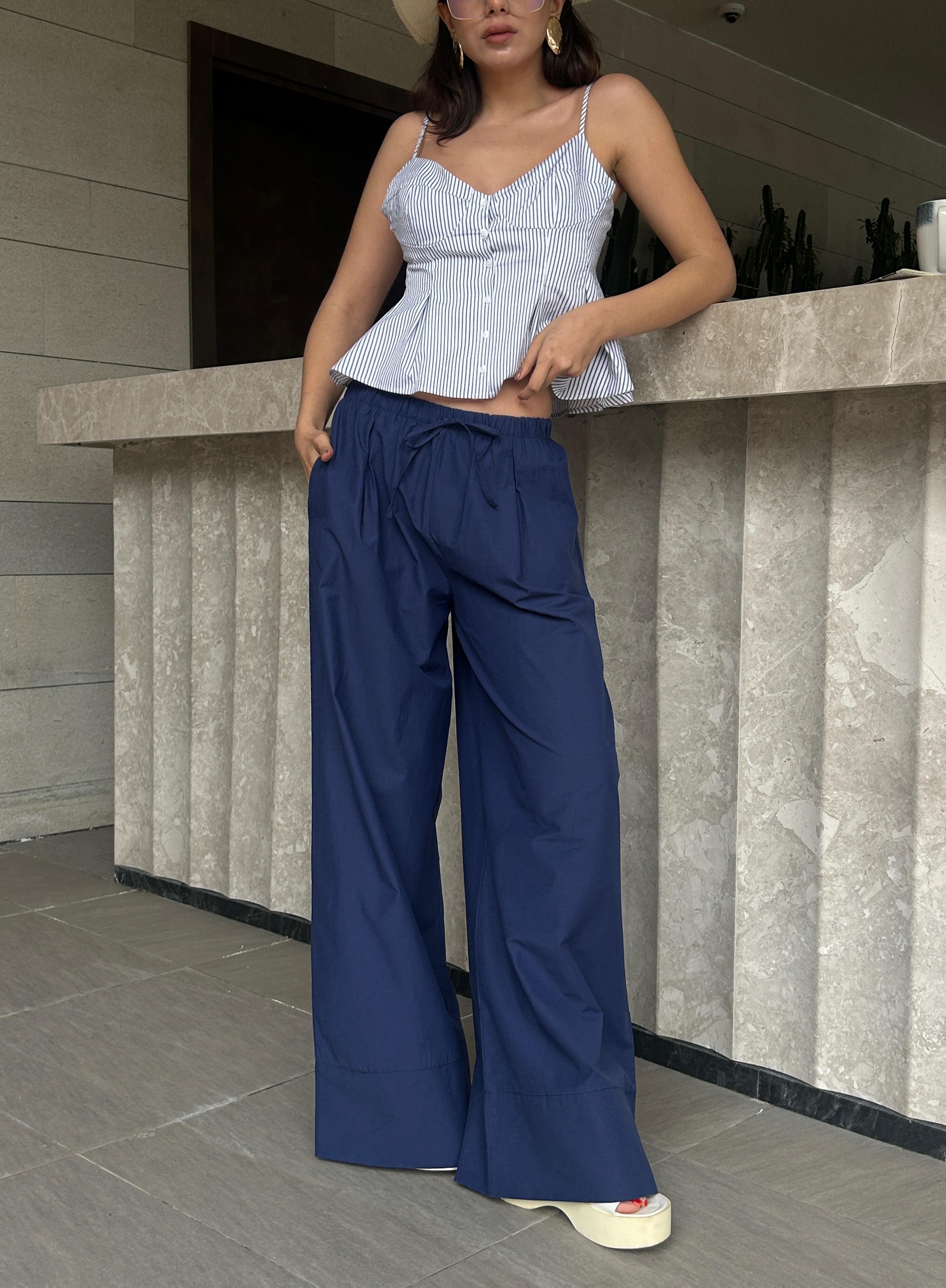 Kadın Lacivert Poplin Kumaş Beli Lastikli Cepli Pantolon 29083