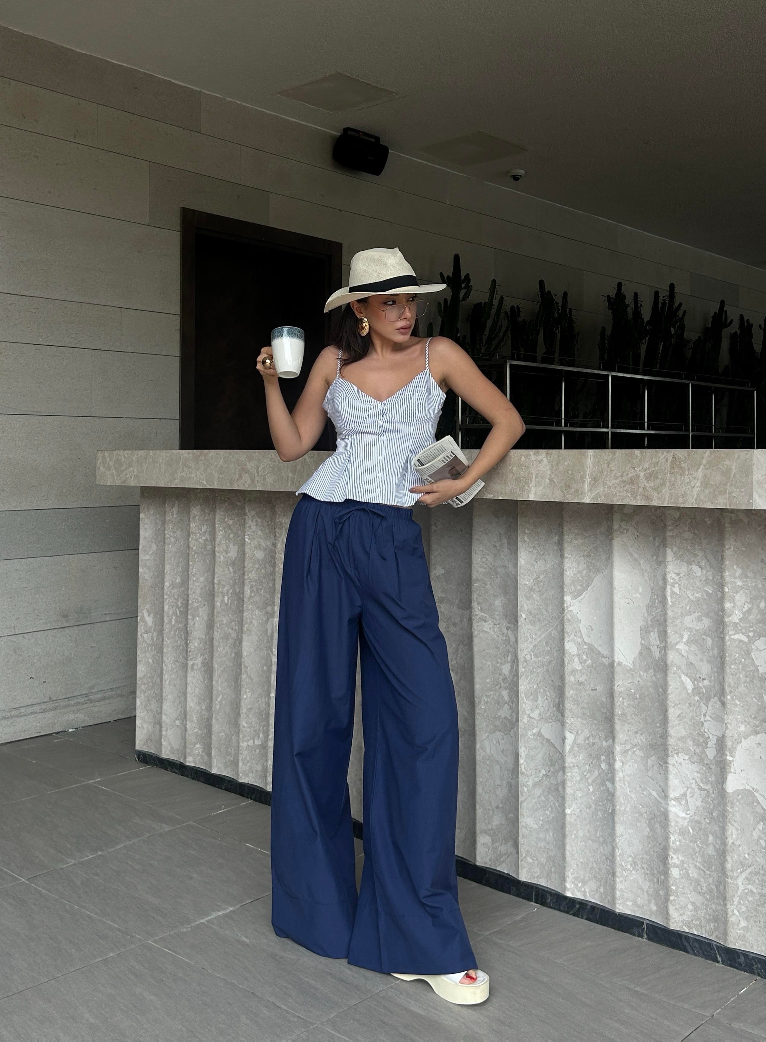 Kadın Lacivert Poplin Kumaş Beli Lastikli Cepli Pantolon 29083