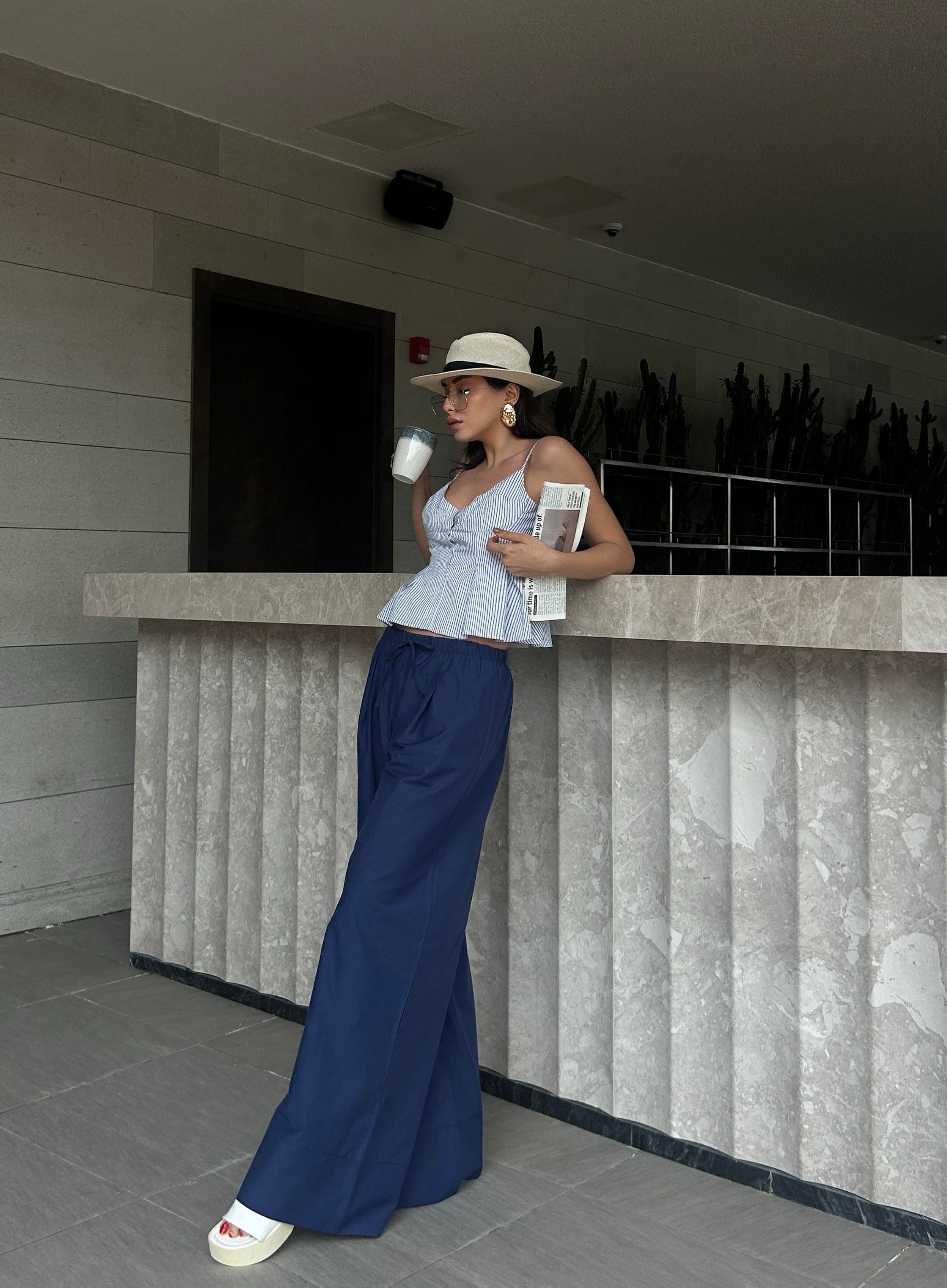 Kadın Lacivert Poplin Kumaş Beli Lastikli Cepli Pantolon 29083