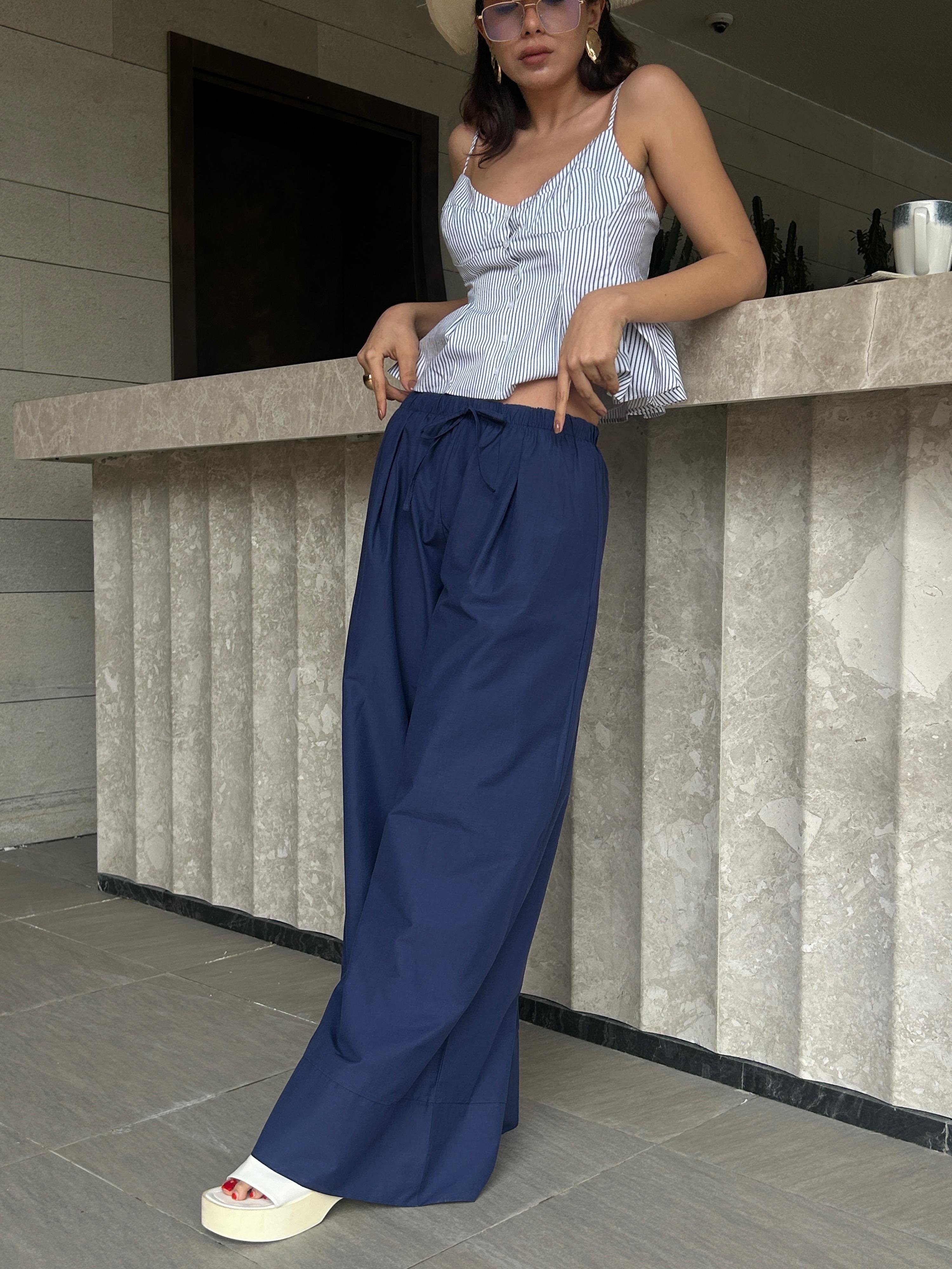 Kadın Lacivert Poplin Kumaş Beli Lastikli Cepli Pantolon 29083