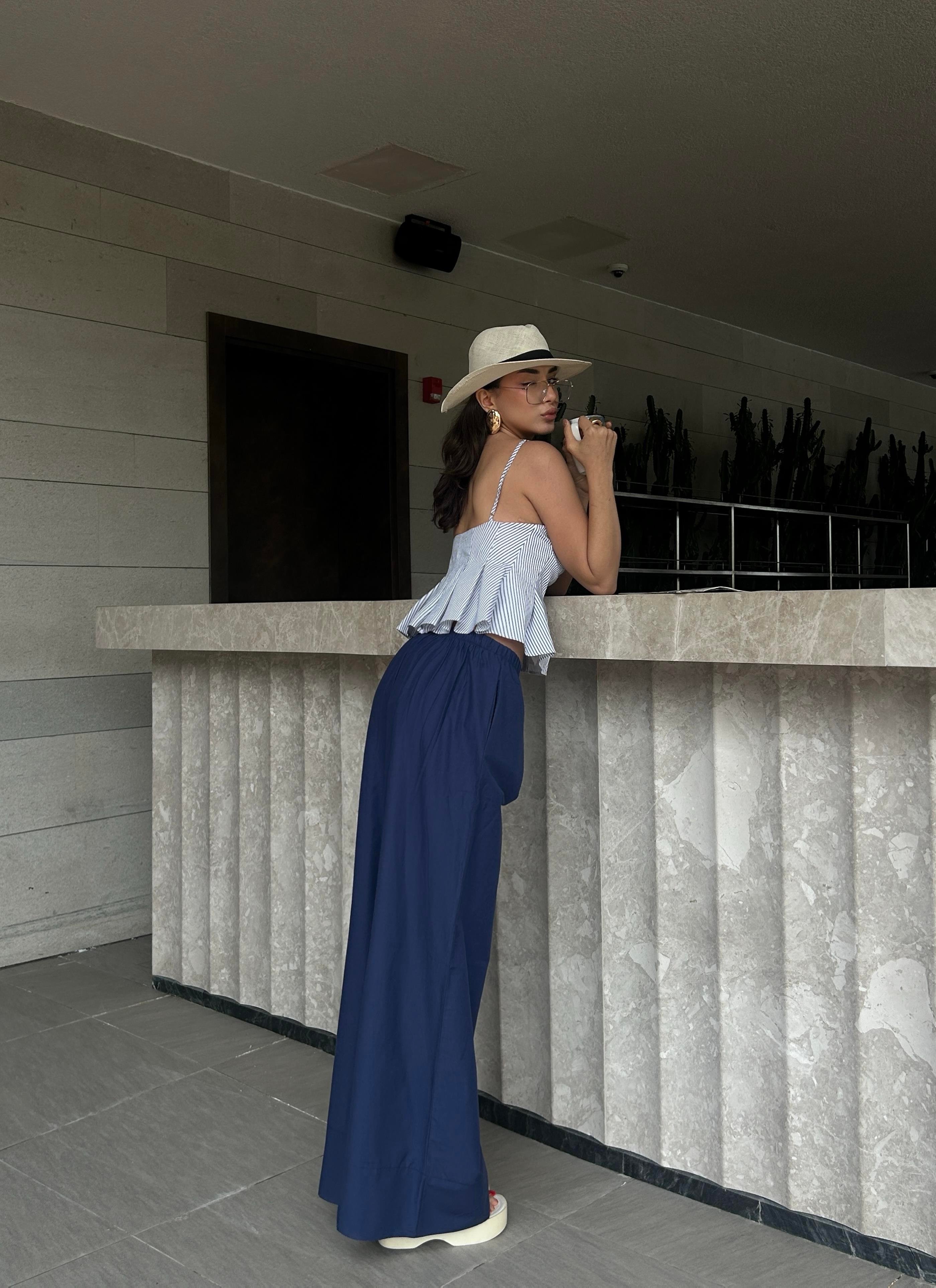 Kadın Lacivert Poplin Kumaş Beli Lastikli Cepli Pantolon 29083