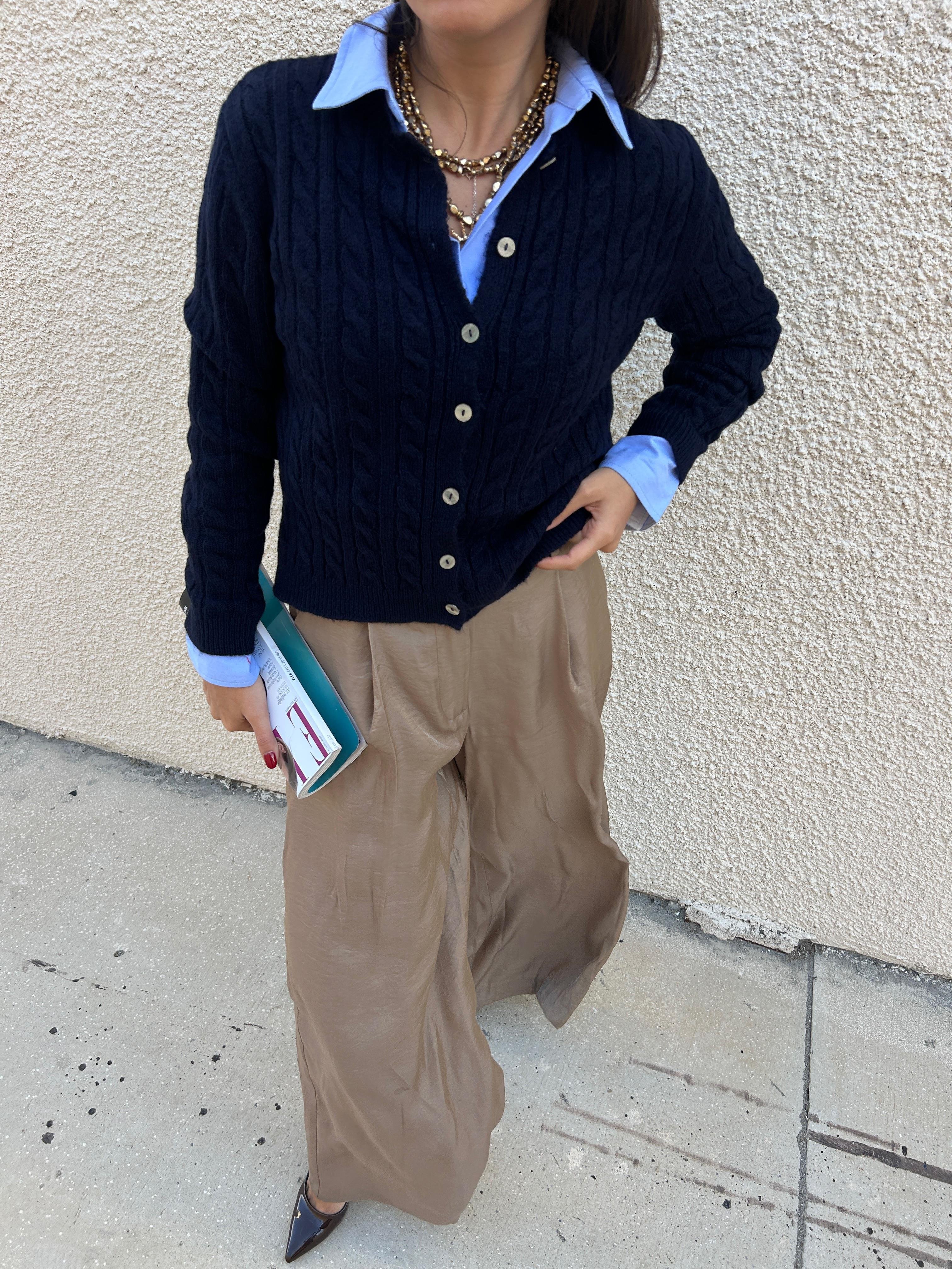 Kadın Lacivert Saç Örgü Taş Düğmeli Kısa Hırka 30033