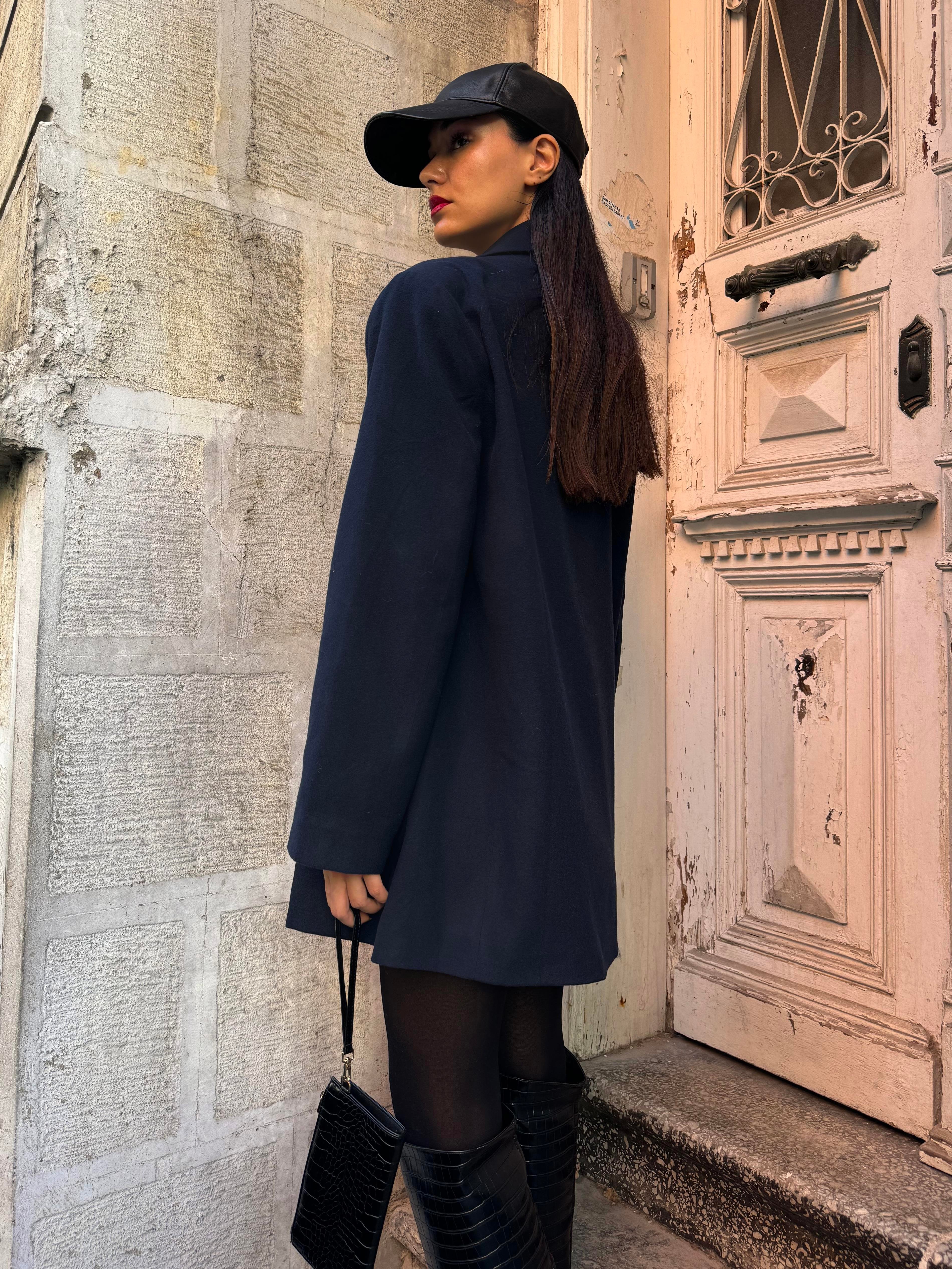 Kadın Lacivert Şardonlu Poliviskon Oversize Ceket 28265