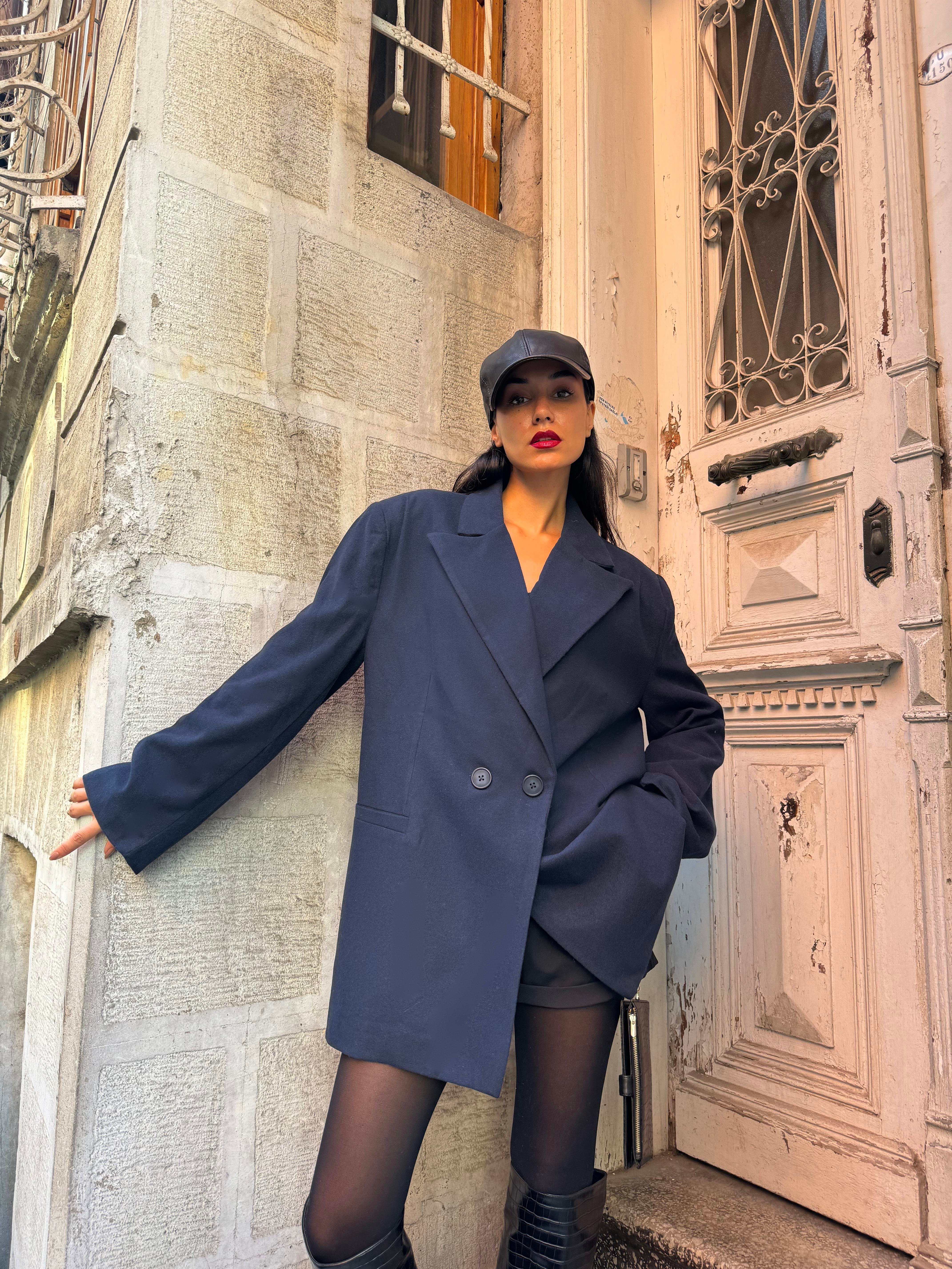 Kadın Lacivert Şardonlu Poliviskon Oversize Ceket 28265