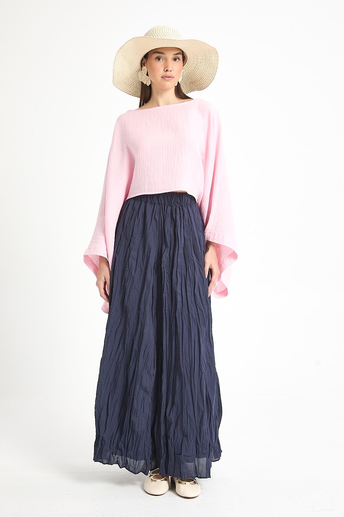 Kadın Lacivert Vual Kumaş Kırışık Uzun Astarlı Etek 29062