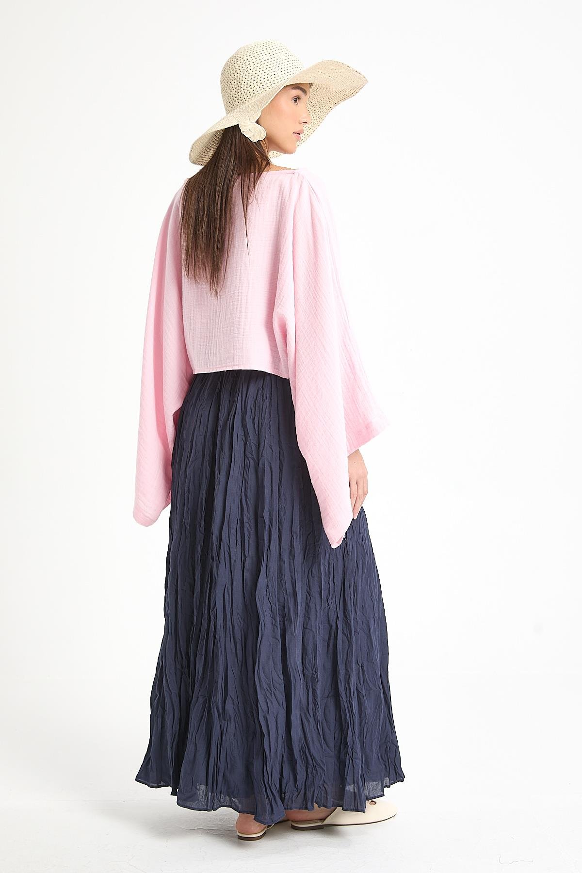 Kadın Lacivert Vual Kumaş Kırışık Uzun Astarlı Etek 29062