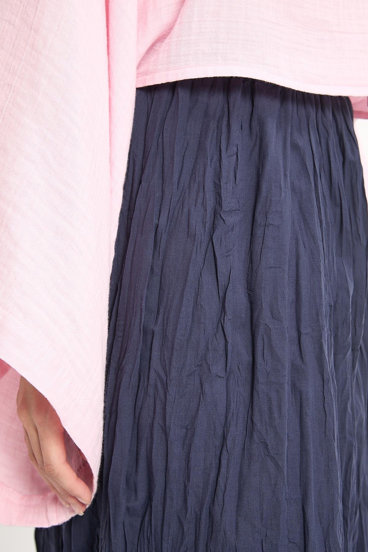 Kadın Lacivert Vual Kumaş Kırışık Uzun Astarlı Etek 29062