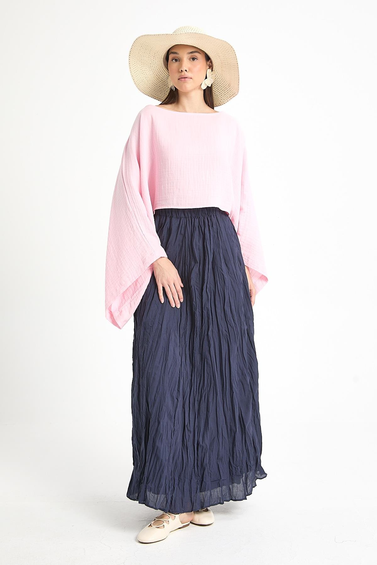 Kadın Lacivert Vual Kumaş Kırışık Uzun Astarlı Etek 29062