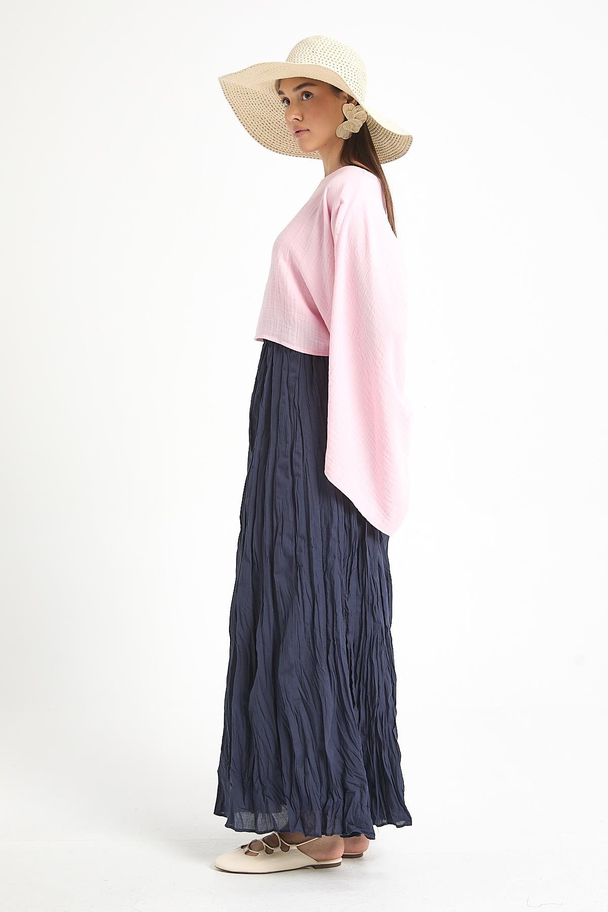 Kadın Lacivert Vual Kumaş Kırışık Uzun Astarlı Etek 29062