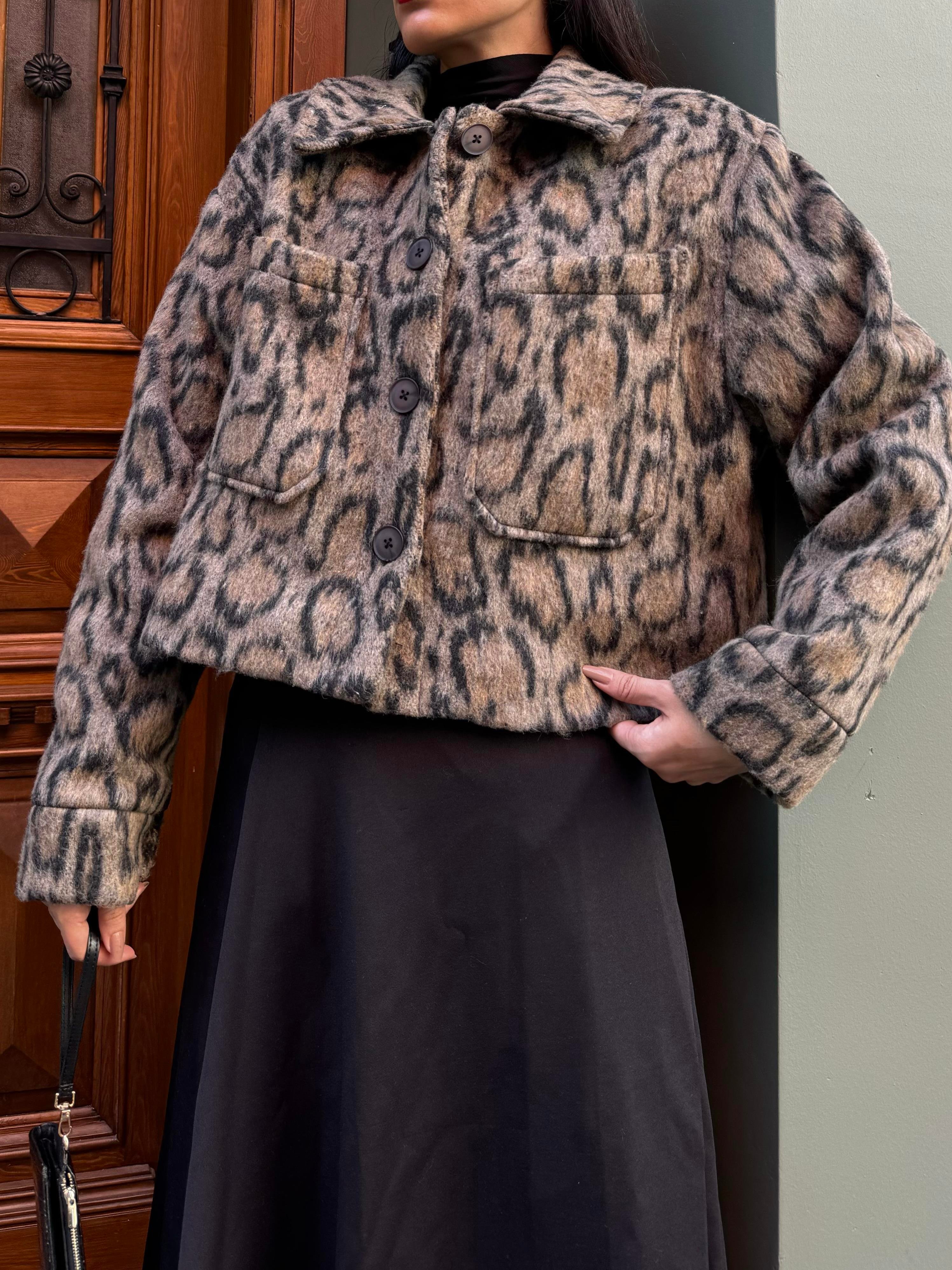 Kadın Leopar Desen Şardonlu Kaşe Kısa Kaban 28126