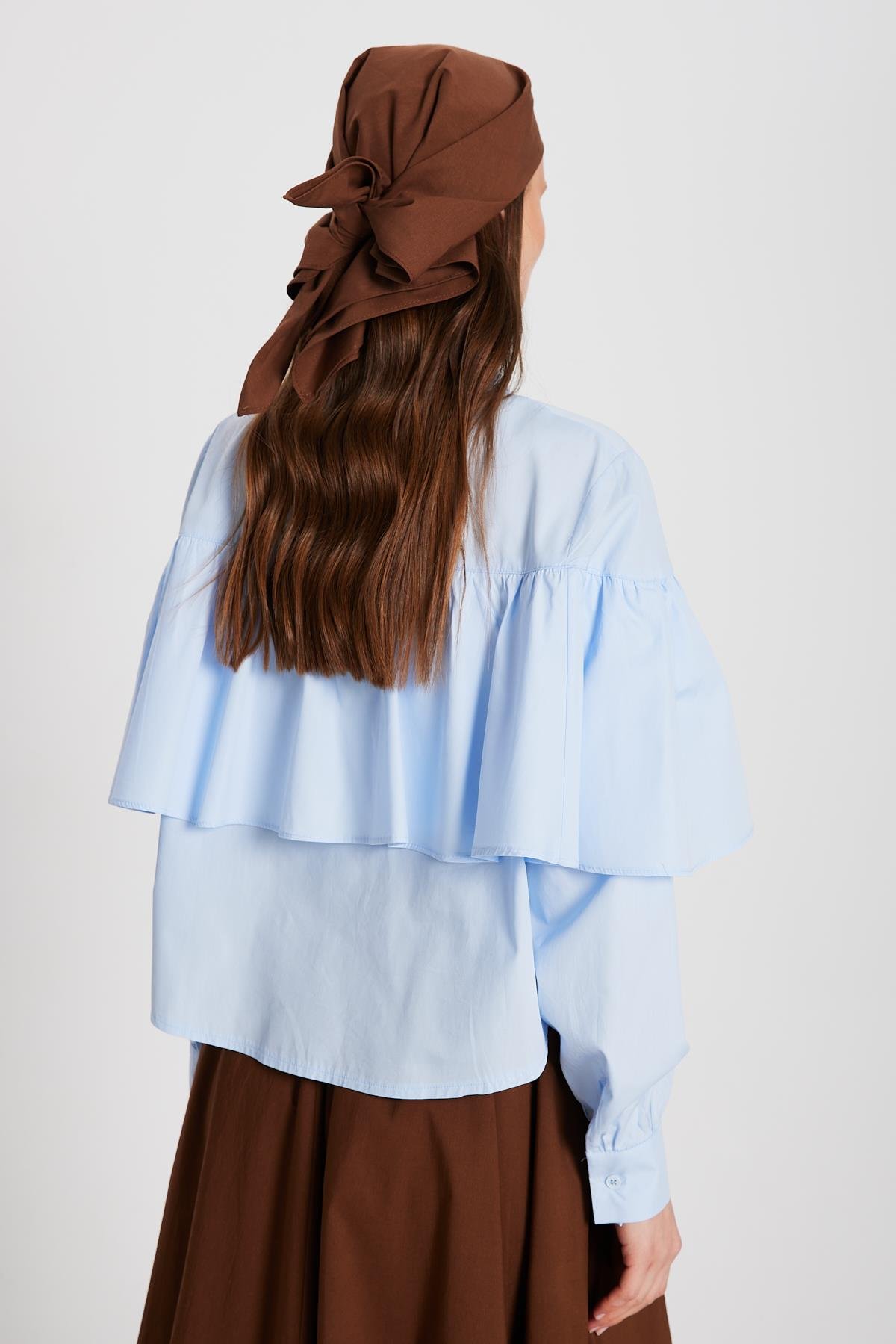 Kadın Mavi Fırfırlı Pamuk Kumaş Geniş Kesim Gömlek 29136