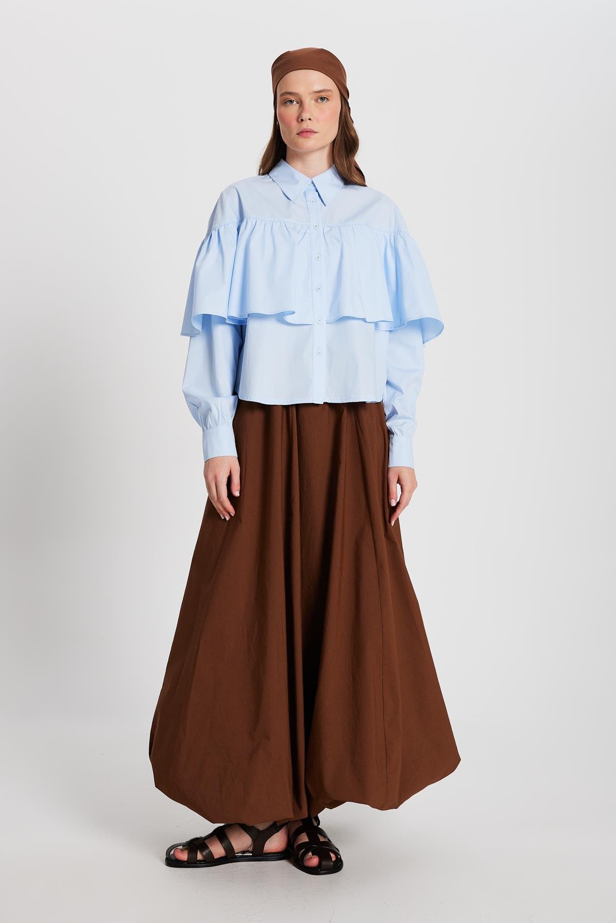 Kadın Mavi Fırfırlı Pamuk Kumaş Geniş Kesim Gömlek 29136