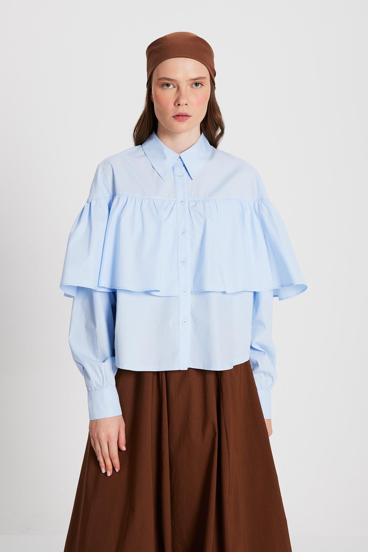 Kadın Mavi Fırfırlı Pamuk Kumaş Geniş Kesim Gömlek 29136