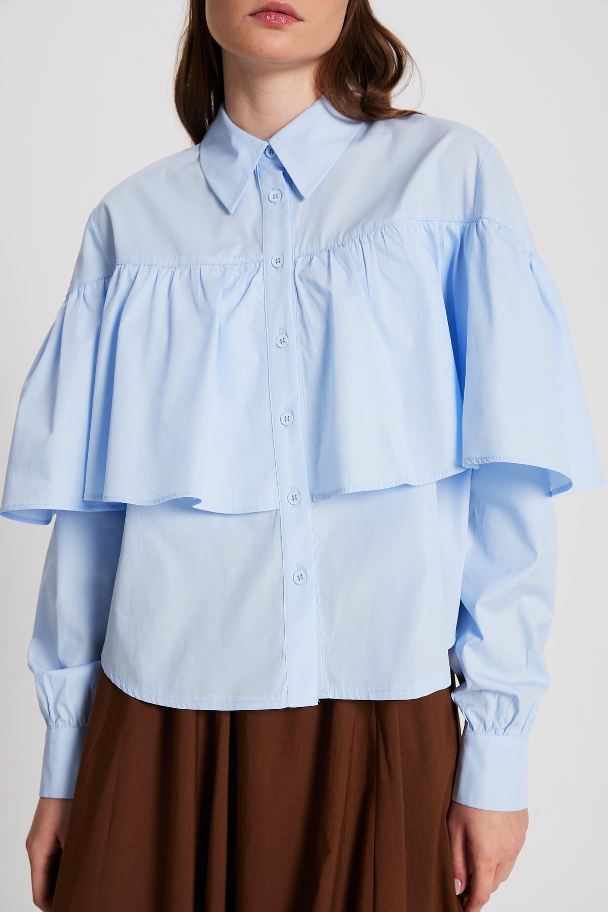 Kadın Mavi Fırfırlı Pamuk Kumaş Geniş Kesim Gömlek 29136