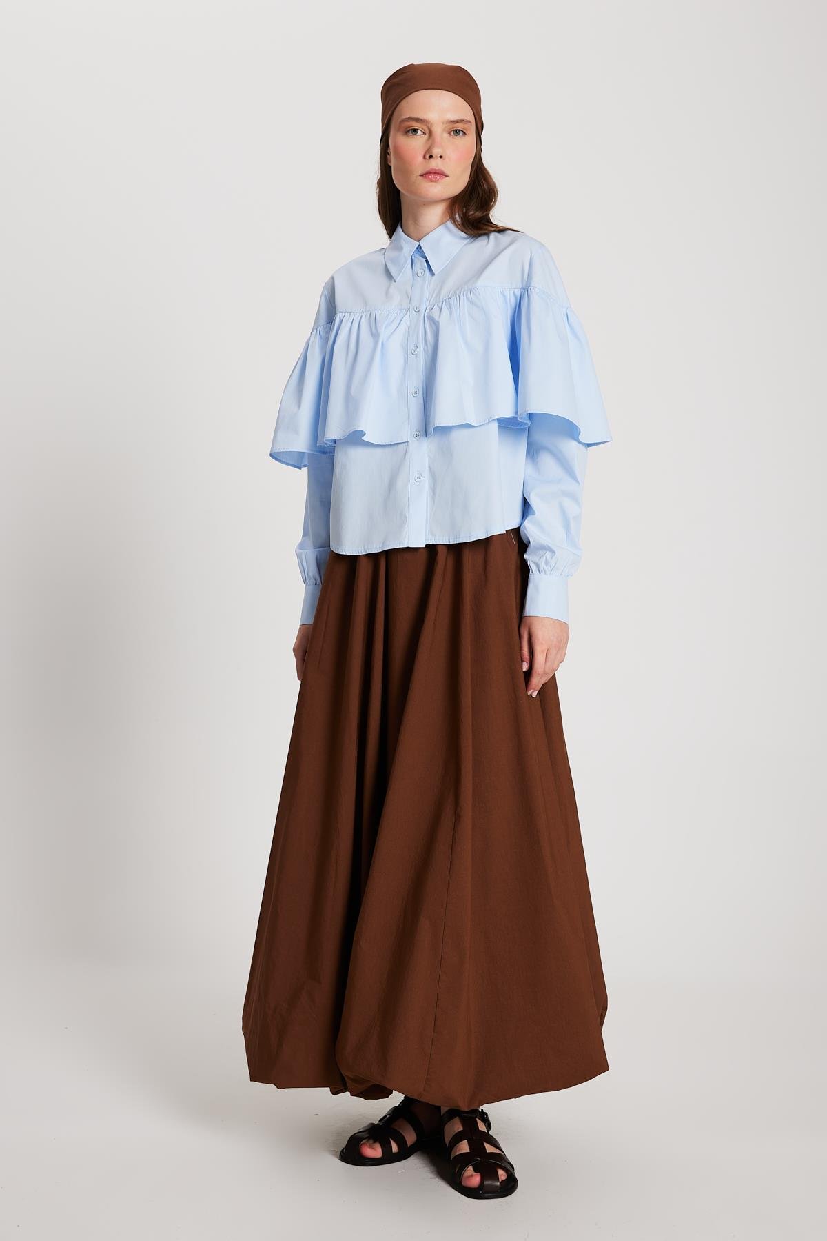 Kadın Mavi Fırfırlı Pamuk Kumaş Geniş Kesim Gömlek 29136